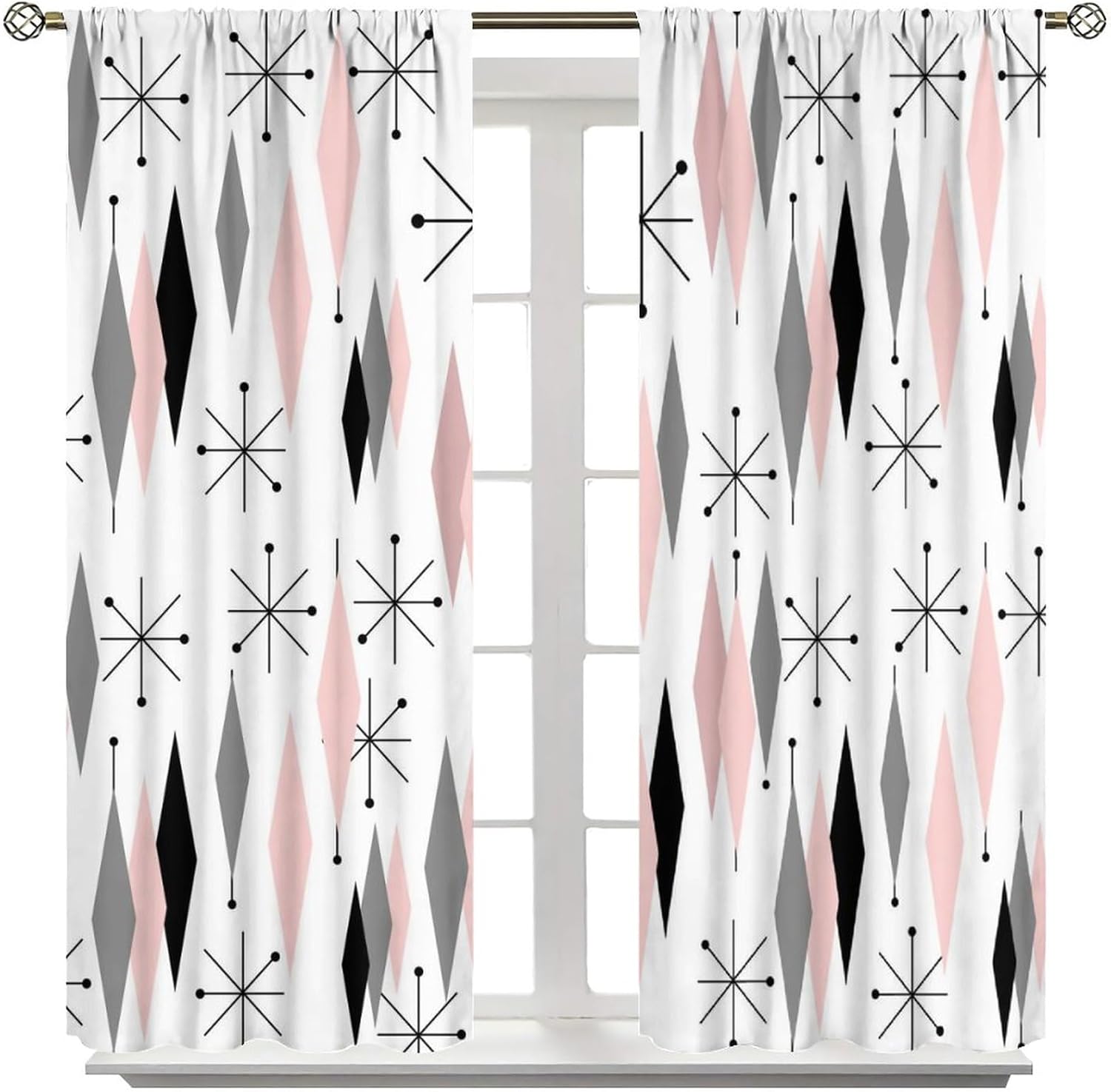 Vintage Funny Black Pink Window Curtain Stripe Modern Abstract Geometric Fabric Decor Noise Reducing Drapes for Cafe Bedroom Dining Room Living Room Kitchen 2 Panels 42x45 in