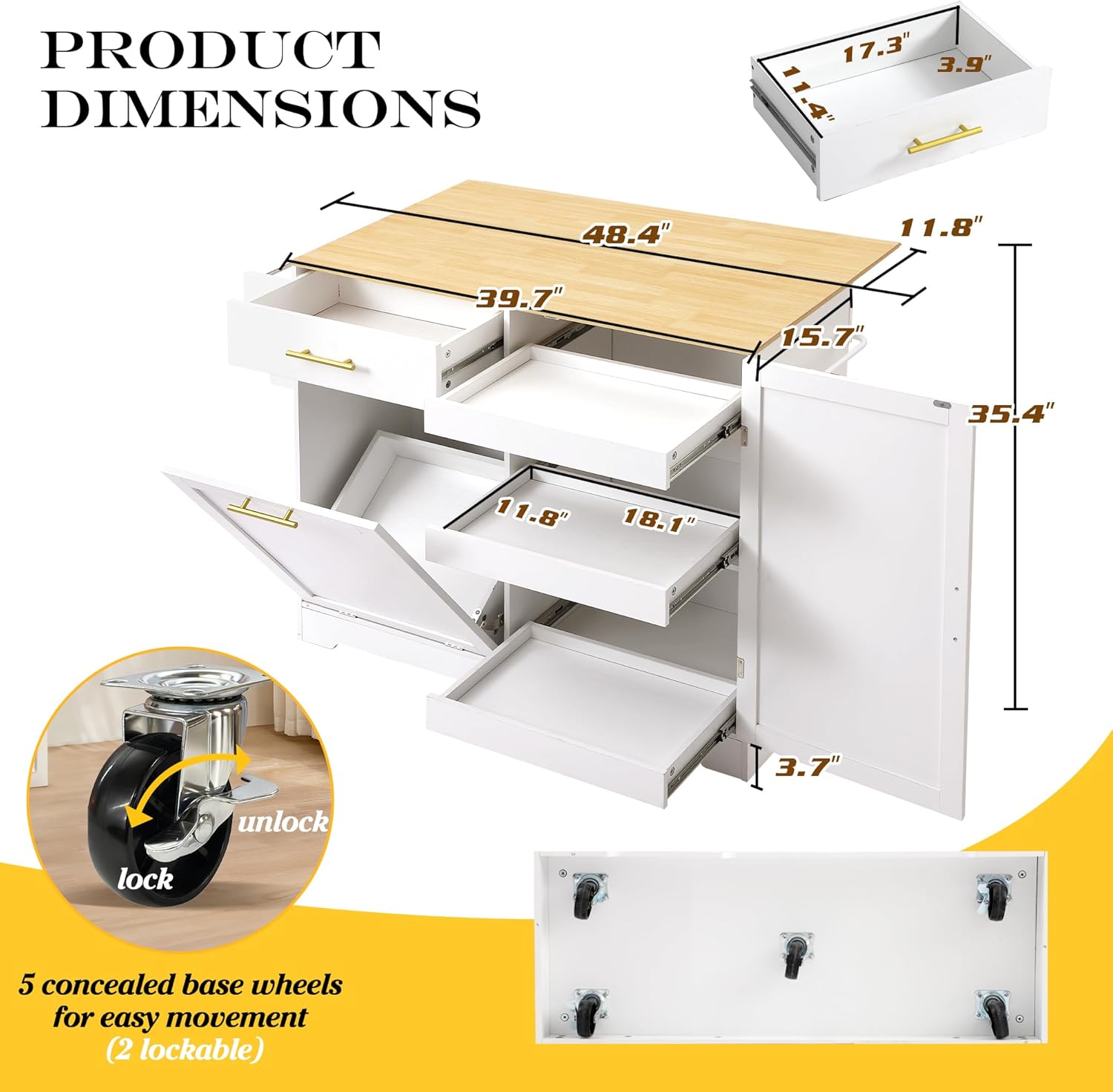 MAGIC UNION Rolling Kitchen Island Cart w/Drop Leaf, Portable Kitchen Islands w/Storage Cabinet, Drawer, Spice Towel Rack, Mobile Islands Table for Kitchens w/Trash Storage Cabinet (White)