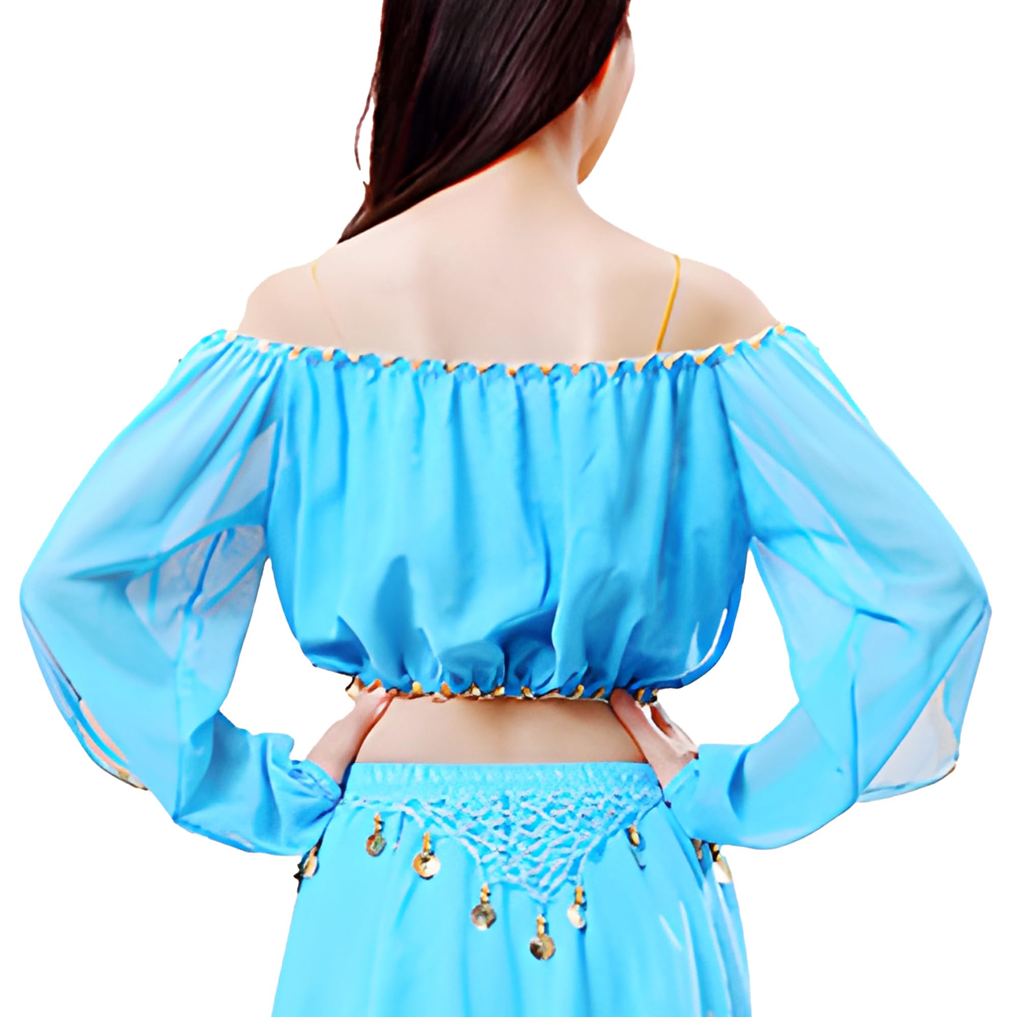 Wuchieal Women's Carnival Stage Performance Tops,Belly Dance Long Sleeves Top,Crop Top with Gold Coins (One Size, Light Blue) - Image 3