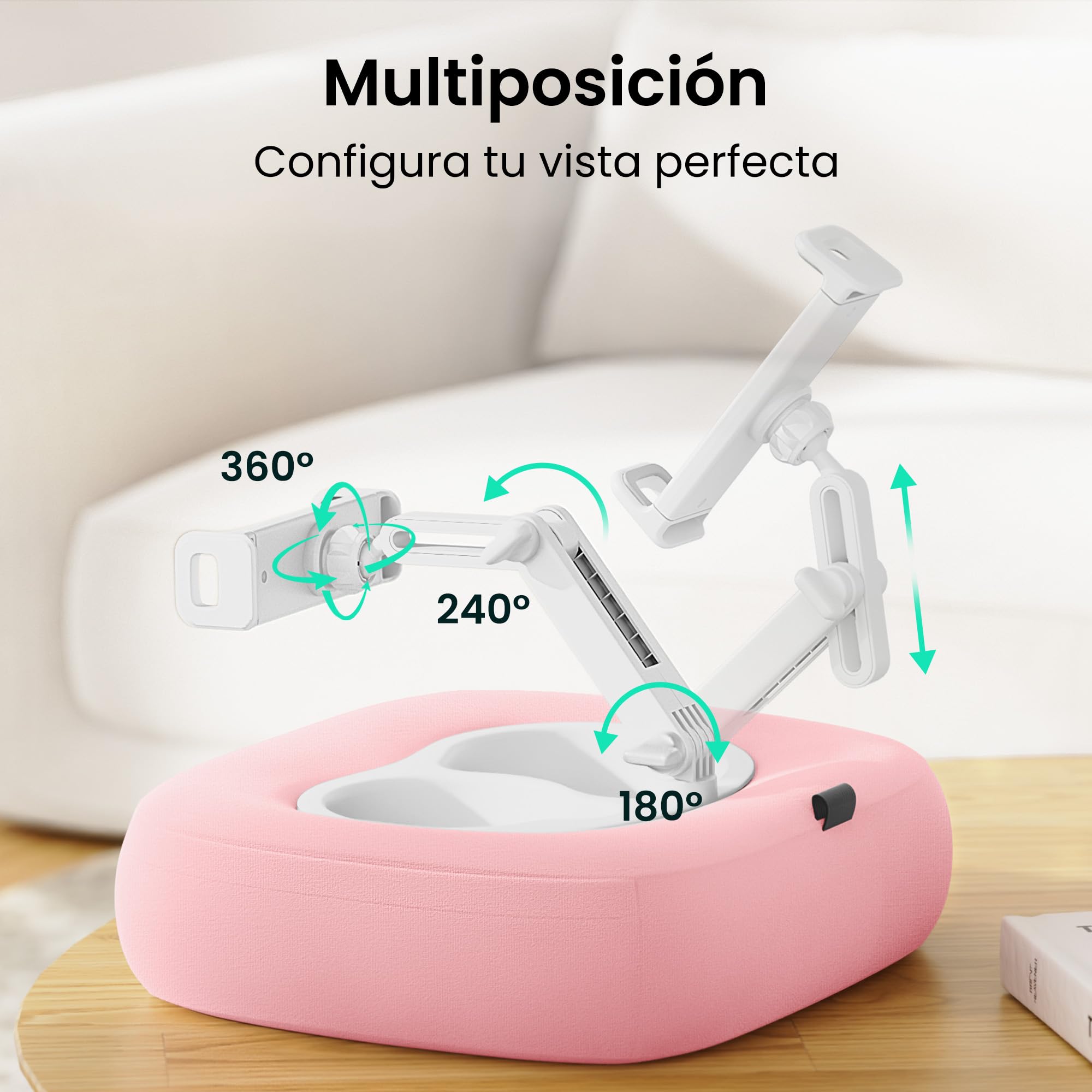 Soporte de cojín para tableta, soporte para Kindle con 2 cuencos para aperitivos, soporte ajustable de 360 ° para iPad de 4,7 a 13 pulgadas, iPad, Kindle, smartphone, accesorios Kindle en