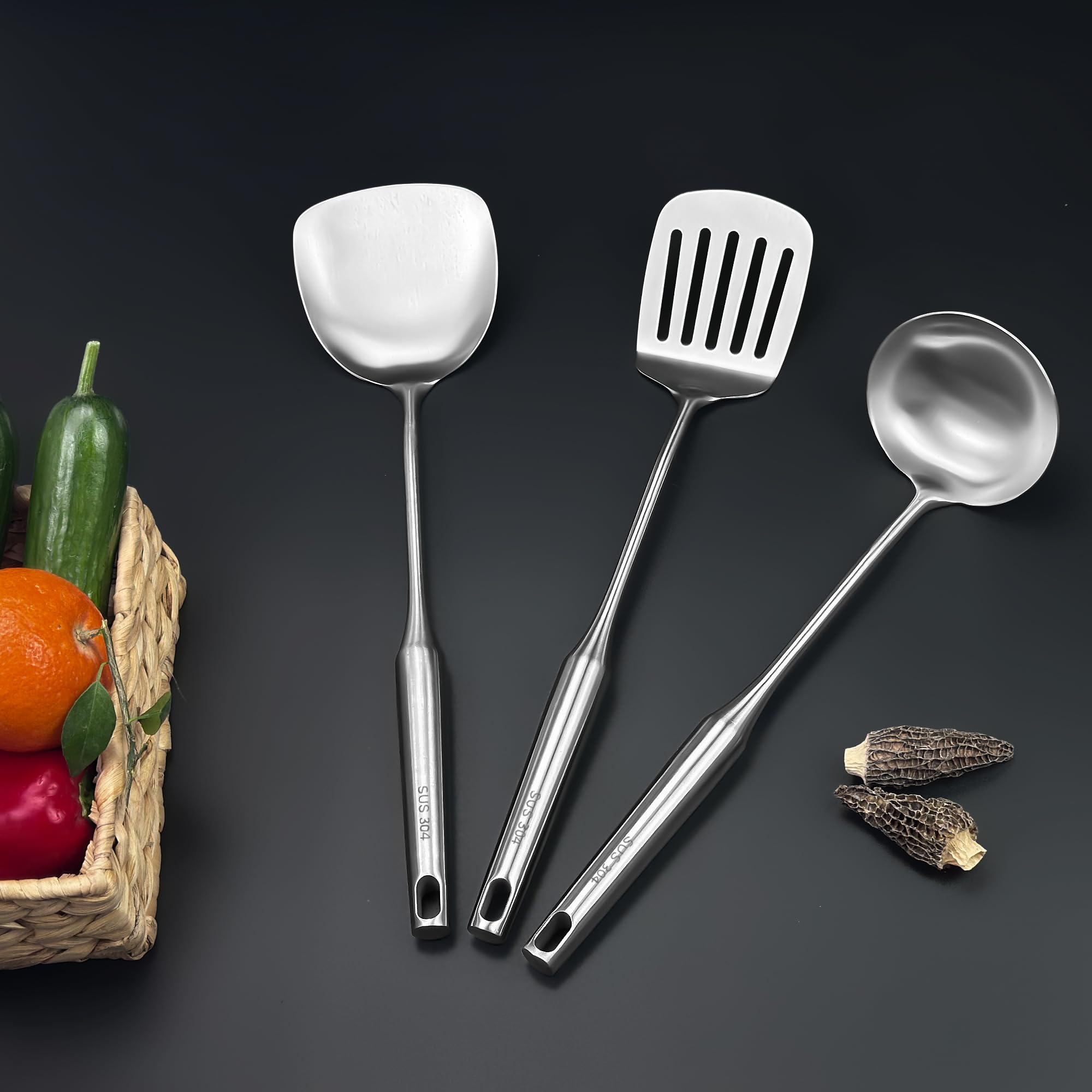 Juego de utensilios de cocina de acero inoxidable 18/8, 6 piezas de 15 pulgadas de largo, juego de utensilios de cocina de metal con espátula, cucharón profundo, cuchara, skimmer, servidor de pasta,