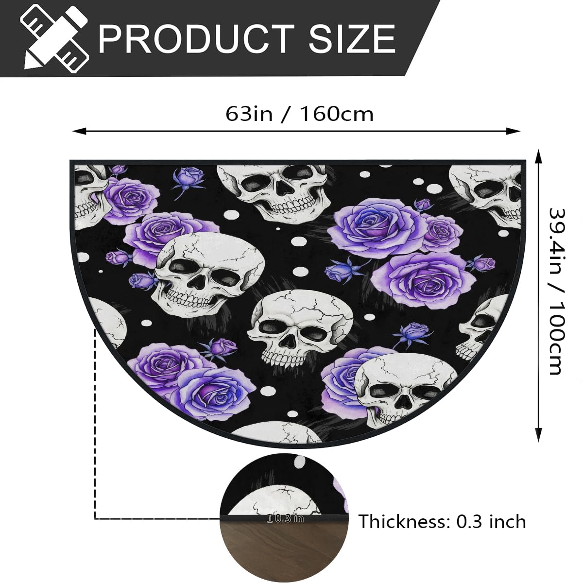Große halbrunde Fußmatte – Lila Rose Totenkopf saugfähig rutschfest halbrund Eingangsbereich Teppich – niedlicher, weicher, halbrund waschbarer Teppich für Küche, Badezimmer, Schlafzimmer, 160