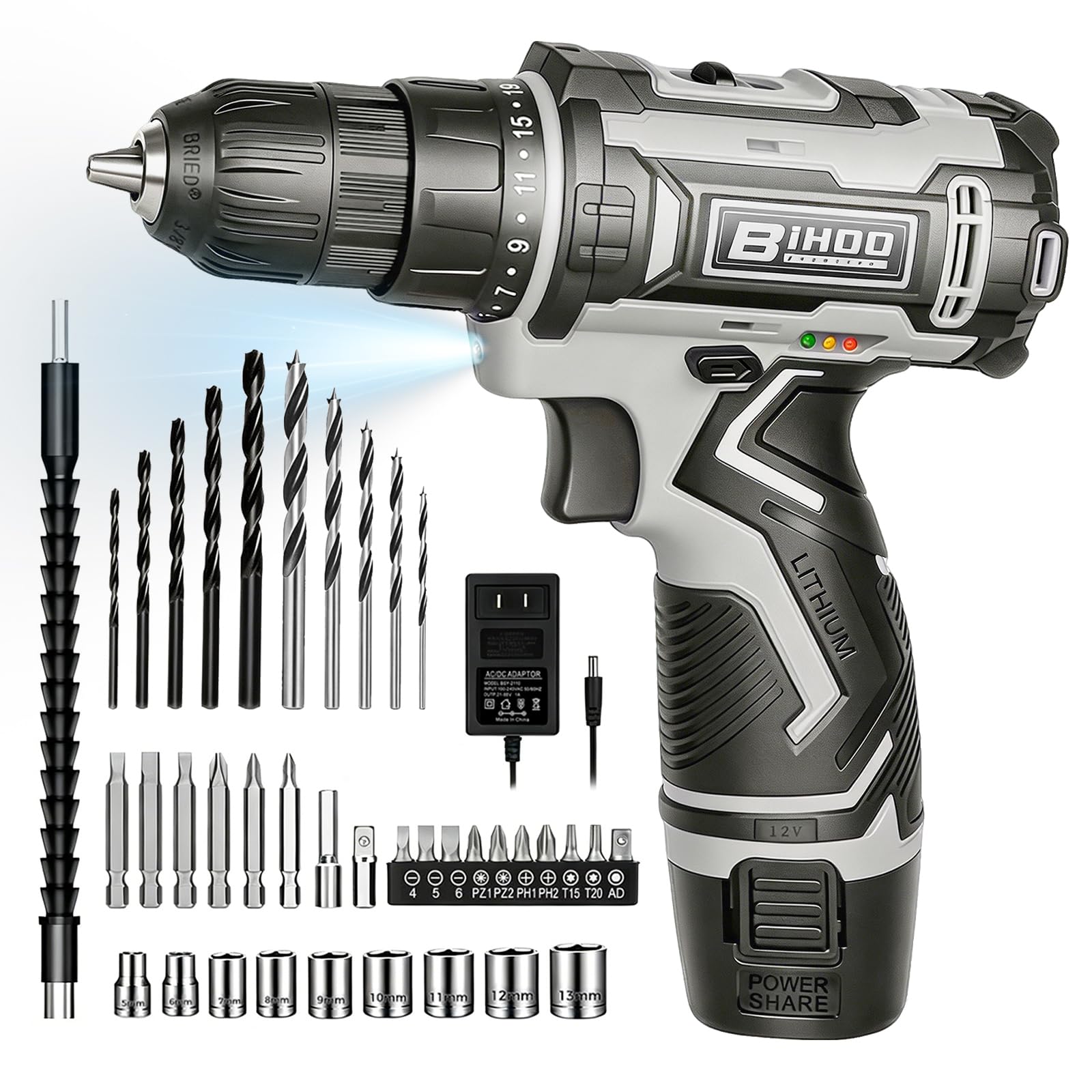 Kit trapano avvitatore senza fili da 12 V, 2 velocità 0-1600 giri/min, coppia 25+1, mandrino senza chiave da 3/8", luce a LED, batteria e caricabatterie, set di punte da trapano, per progetti fai da