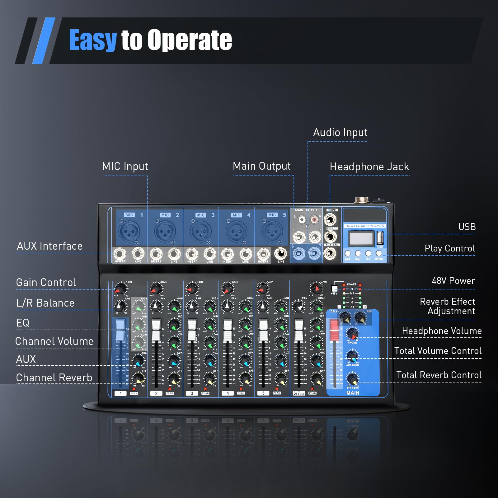 Table de mixage 7 canaux, table de mixage, enregistreur audio et USB, entrée micro 2, port USB, pour microphones, guitares, basses, claviers, mixeurs, instruments, etc