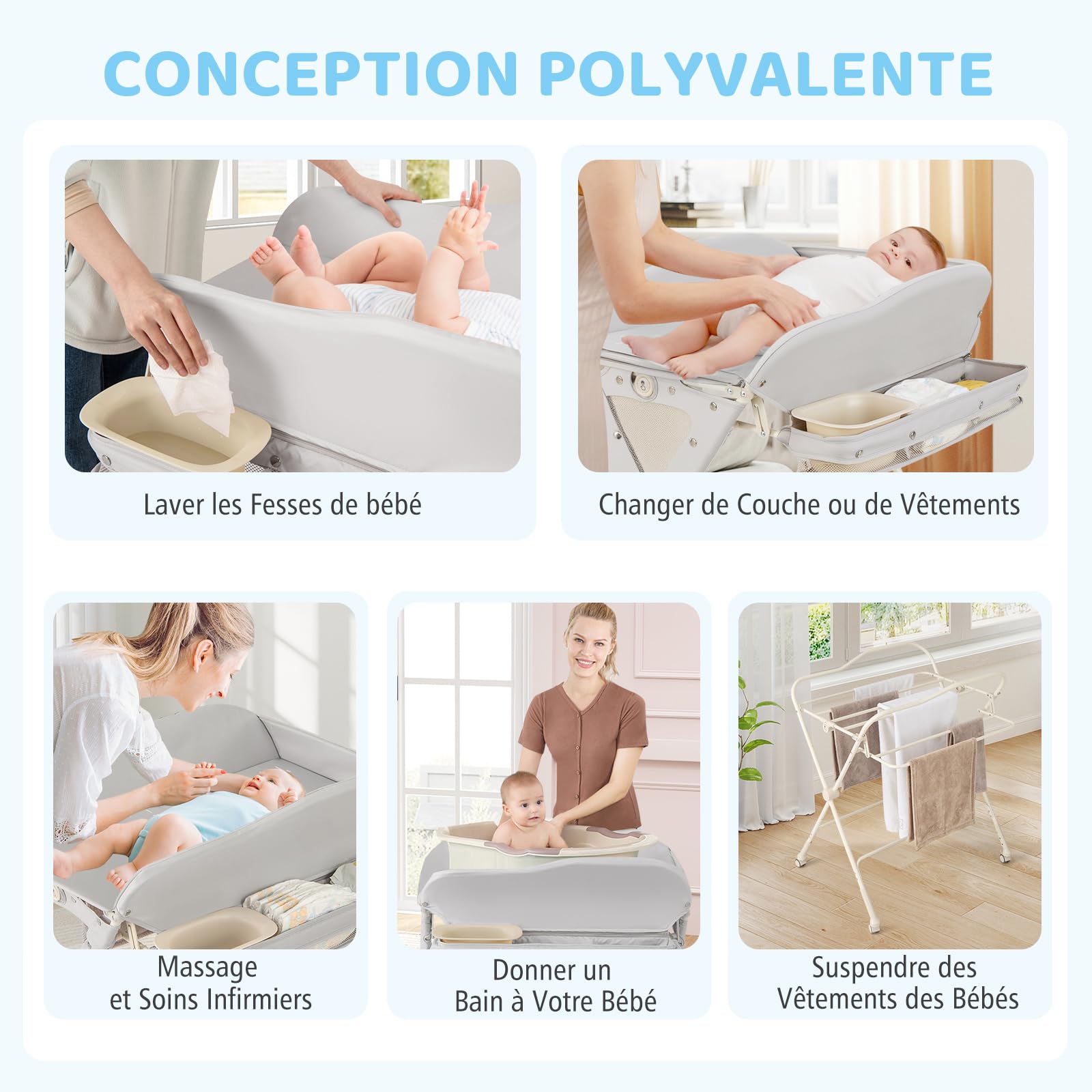 COSTWAY Table à Langer Pliable et Portable, Table a Langer Bébé Charge 11KG avec Bassin d'Eau Panier de Rangement et Ceinture de Sécurité Hauteur 80-85CM Roues Verrouillables (Gris)