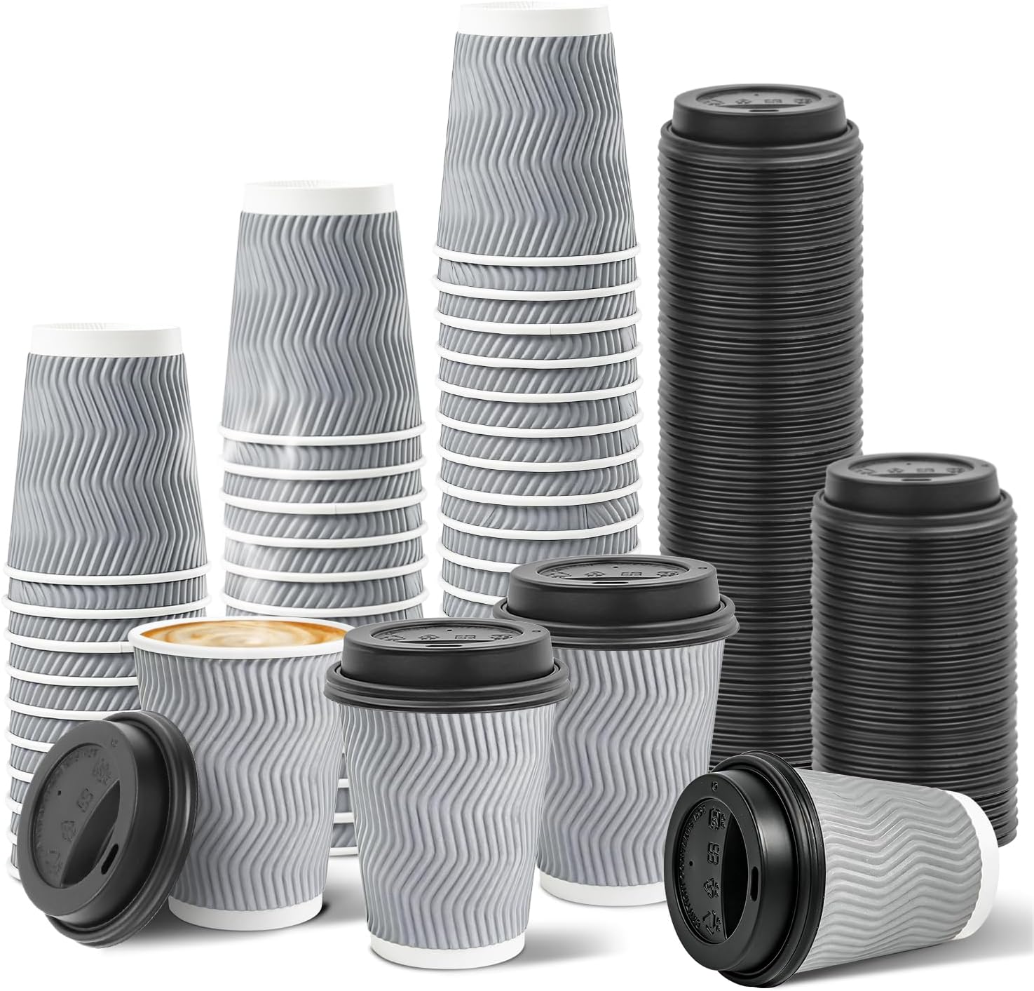 Ginkgo 100 Pack 8 oz Disposable Insulated Coffee Cups With Lids, Double-Walled Ripple To Go Paper Travel Cups for Hot Drinks - Gray