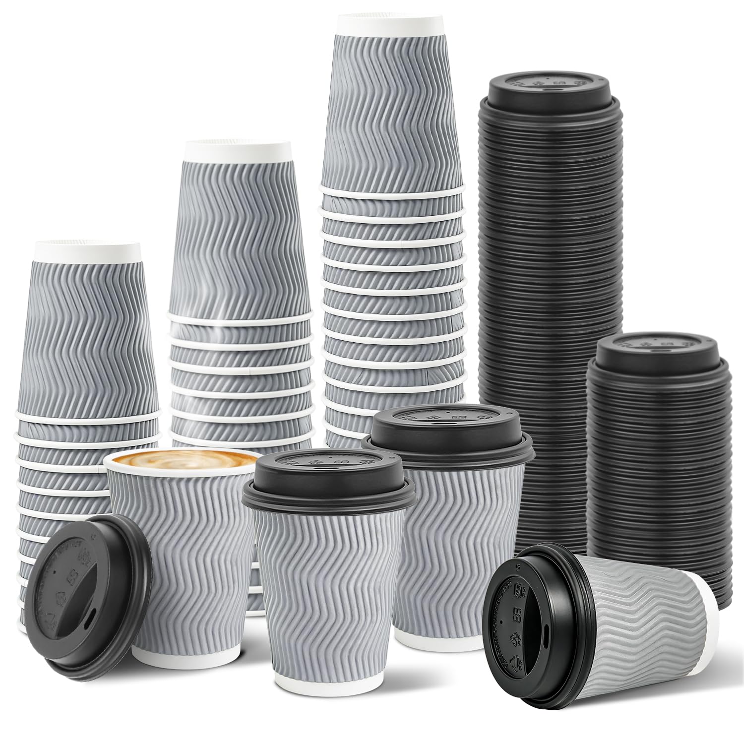 Ginkgo 100 Pack 8 oz Disposable Insulated Coffee Cups With Lids, Double-Walled Ripple To Go Paper Travel Cups for Hot Drinks - Gray