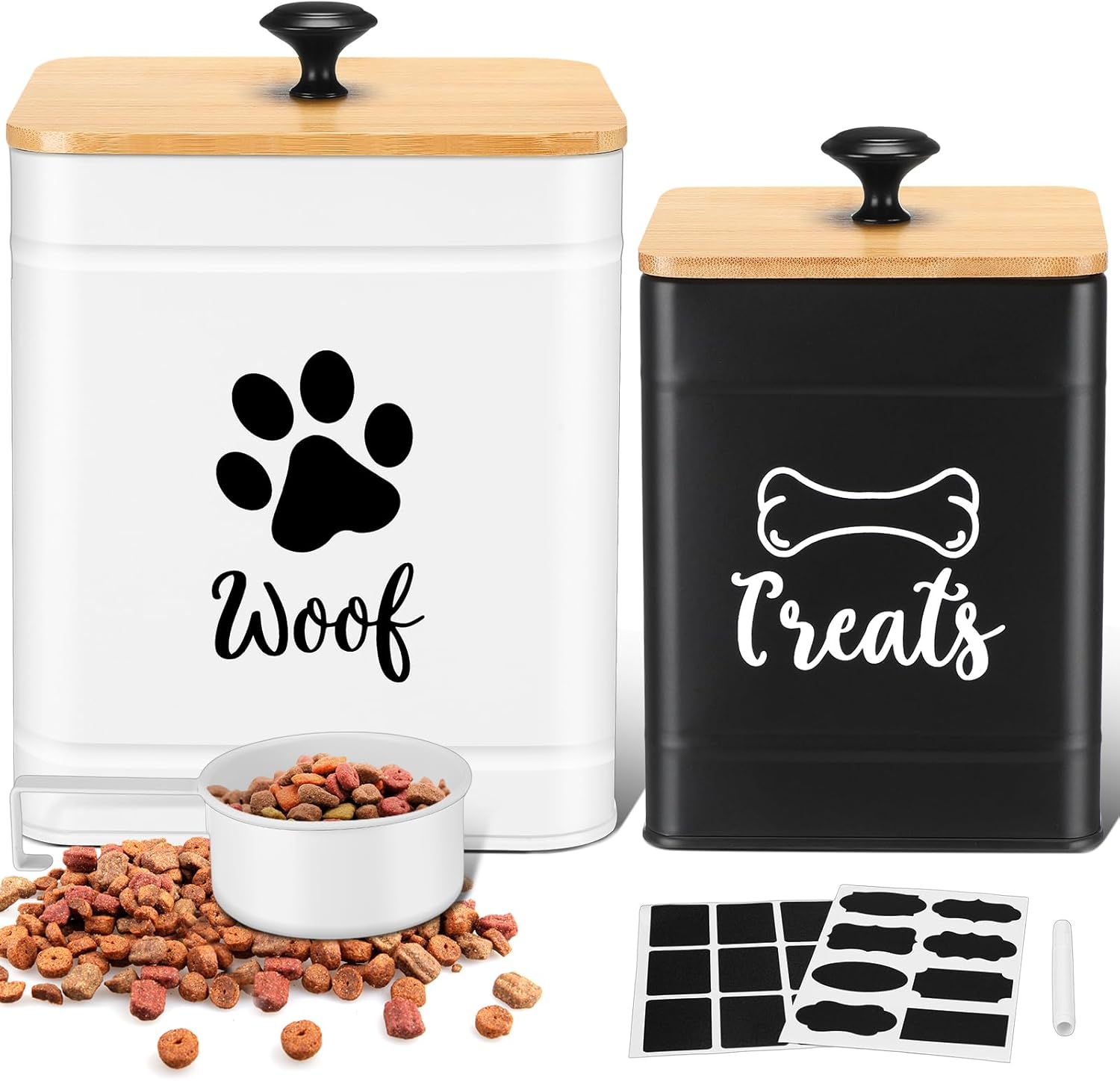 Jingmore Metal Dog Food Containers Set of 2 with Bamboo Lids and Spoon Airtight 7+3 lbs Dog Treat Snack Jars with DIY Labels Big Pet Cookie Storage Jar for Kitchen Counter (Vintage)