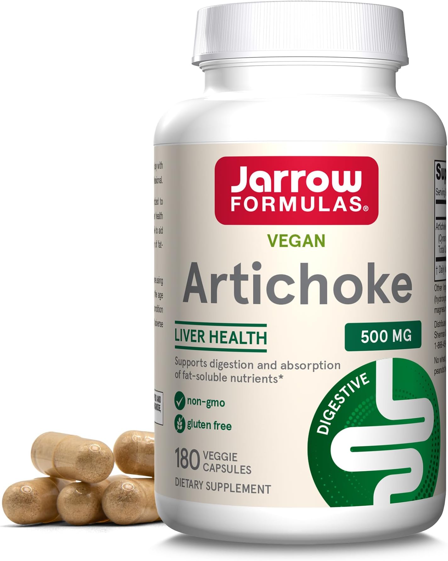 Jarrow Formulas Artichoke 500 mg - Liver Support & Digestion Dietary Supplement - Vegan - Standardized Extract - 180 Servings (Capsules) (PACKAGING MAY VARY)