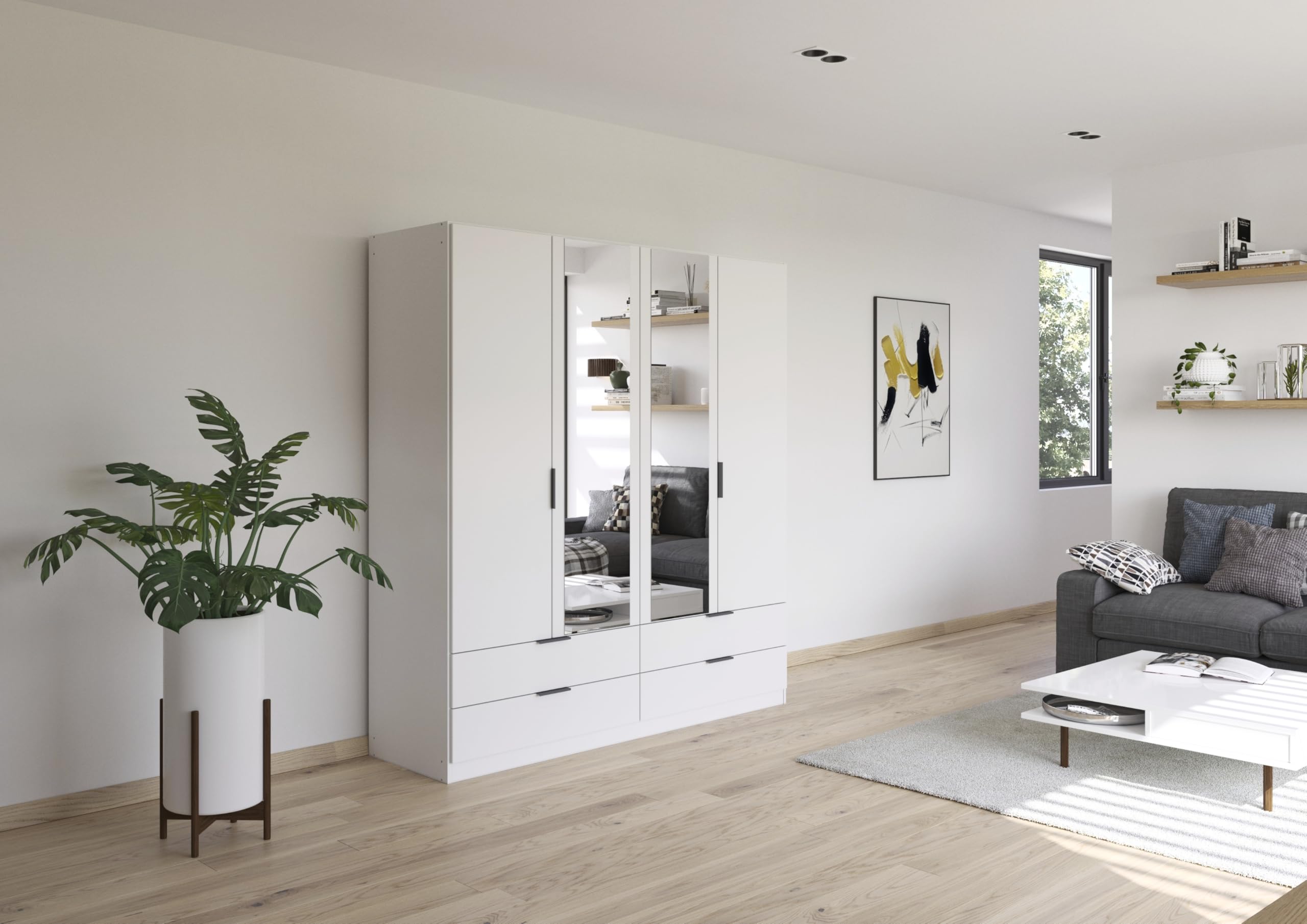 Rauch Möbel LAGOA, Kleiderschrank, Farbe Weiß, Breite 181 cm | Schrank, 4-türig, Spiegel, 4 Schubladen, Zubehör Basic, für Schlafzimmer, Kinderzimmer, Babyzimmer, Garderobe