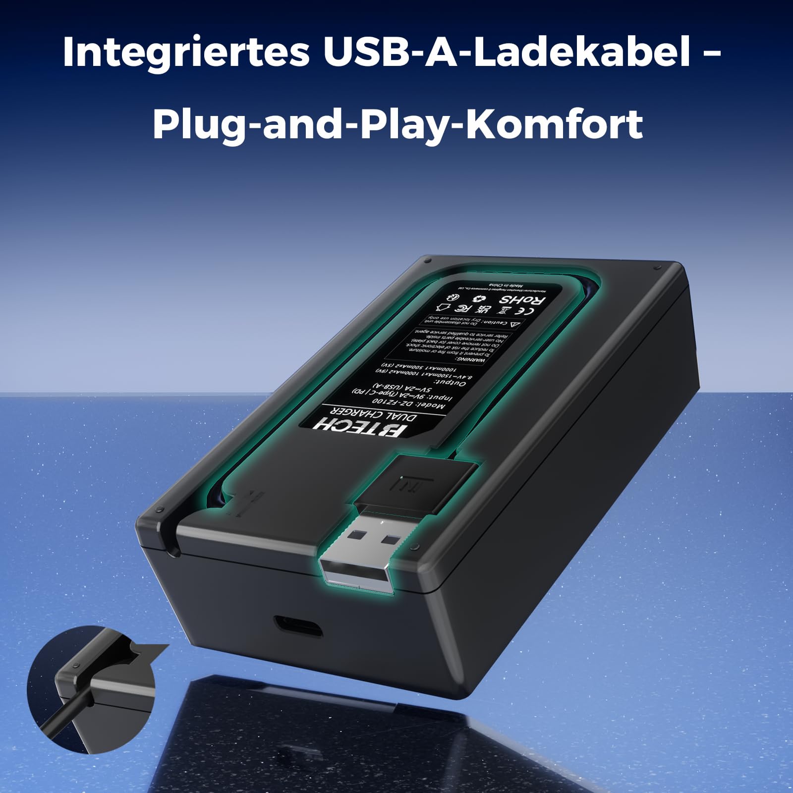 BTECH NP-FZ100 Akku 2600mAh 2er-Pack mit USB-C PD 18W Dual Schnellladegerät, kompatibel mit Sony A7 III, A7 IV, A7R III, A7R IV, A7R V, A7C, A7S III, A9, A6600, A6700, FX3, FX30