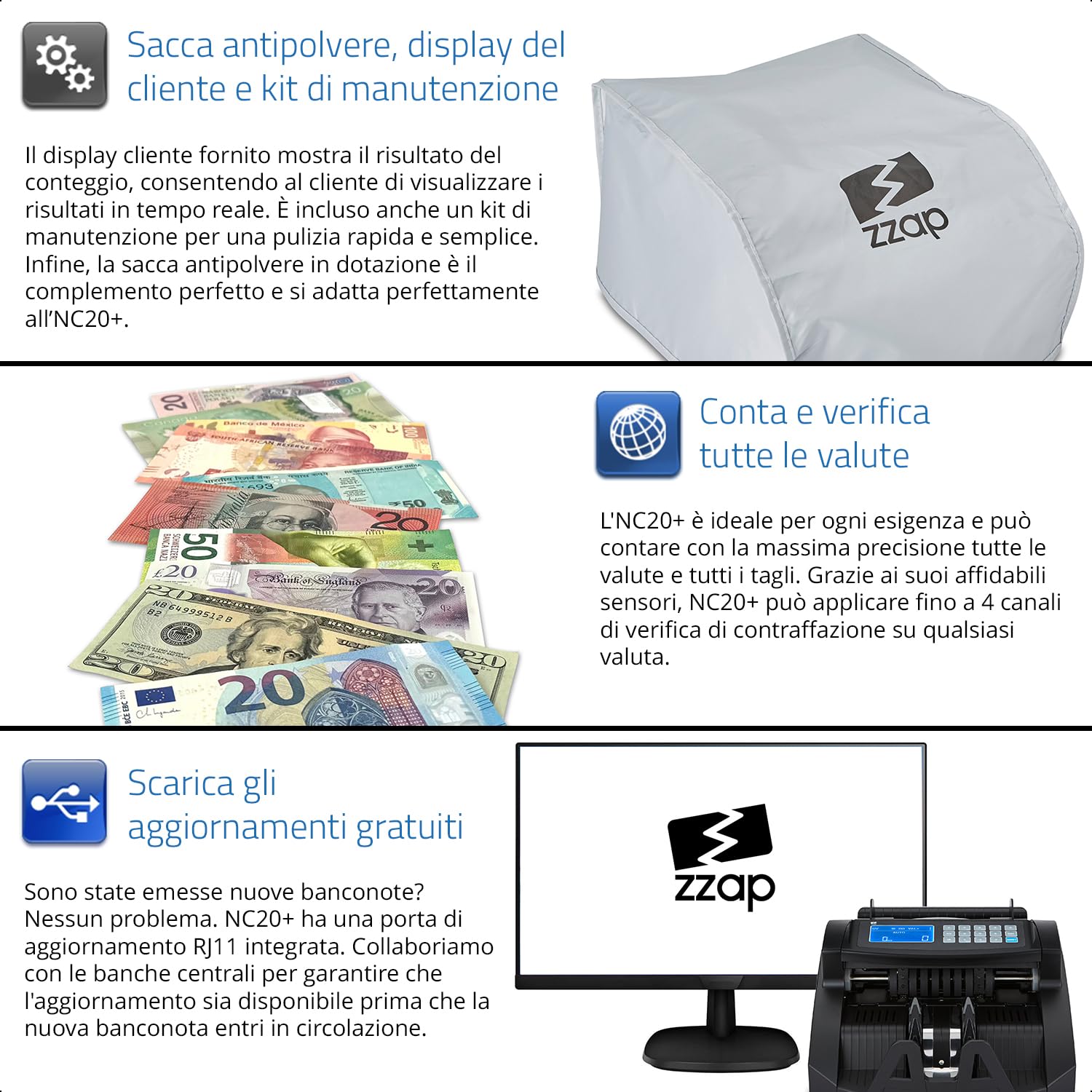 ZZap NC20+ Contabanconote e Verificatore di Banconote False - Conta 1.000 banconote al minuto, conteggio in lotti, rilevamento di banconote false a 4 livelli e molto altro!