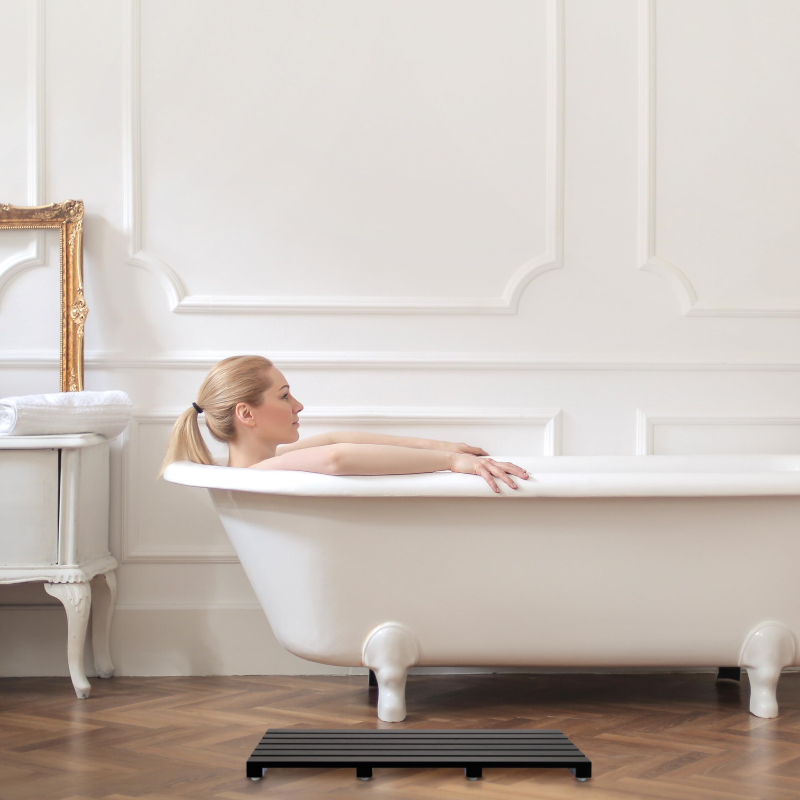 Relaxdays Tapis de Bain en Bambou 54x36 cm Antidérapant Caillebotis Noir