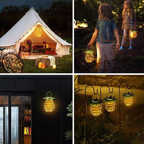 Miniatura 3 de Paquete de 2 faroles solares colgantes para exteriores, impermeables, 60 luces LED solares decorativas de piña, para jardín, patio, césped,