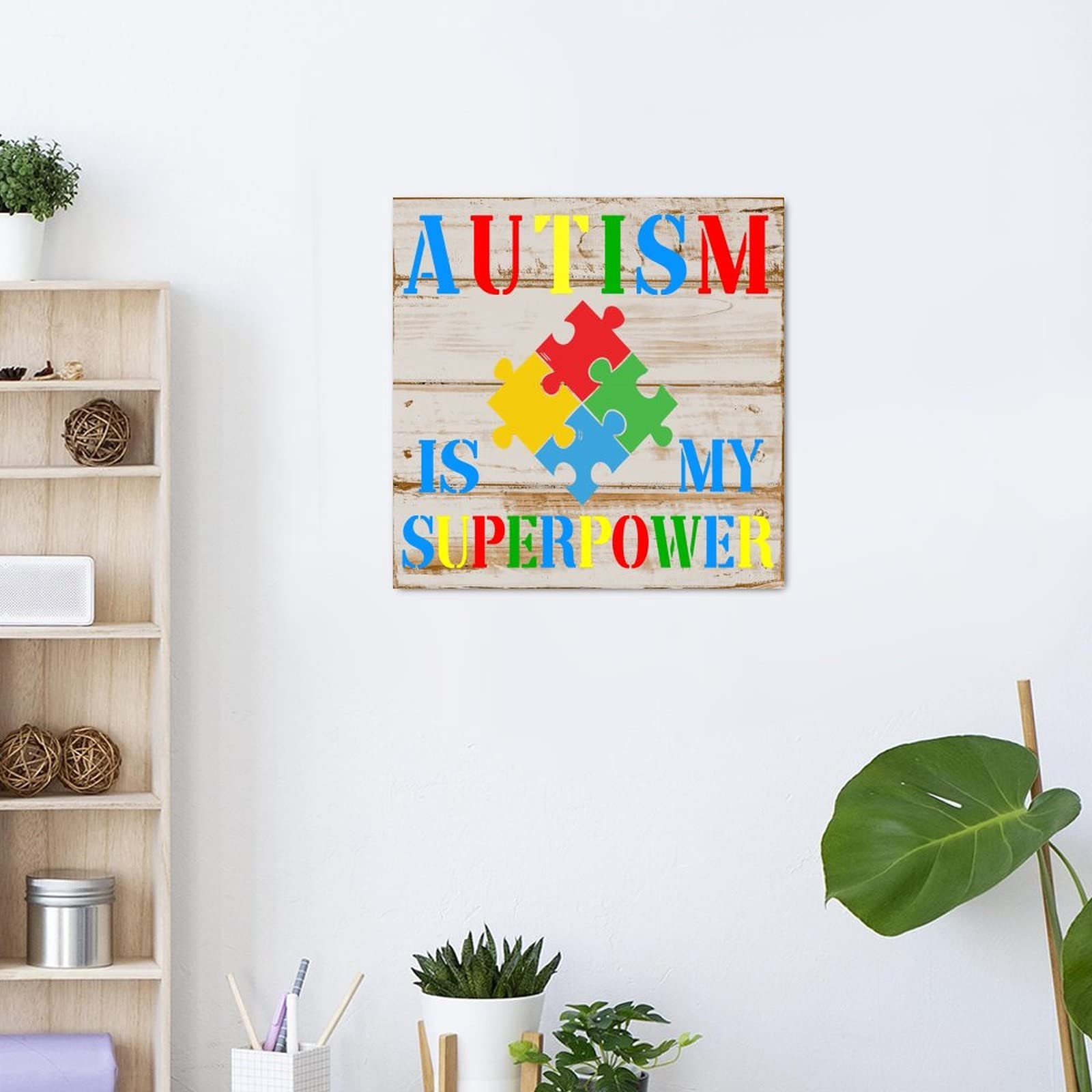 Cartello In Legno 'Child With Autism Lives Here' - 30,5x15,2 Cm - MDF Con Corda - Decorazione Parete - 3