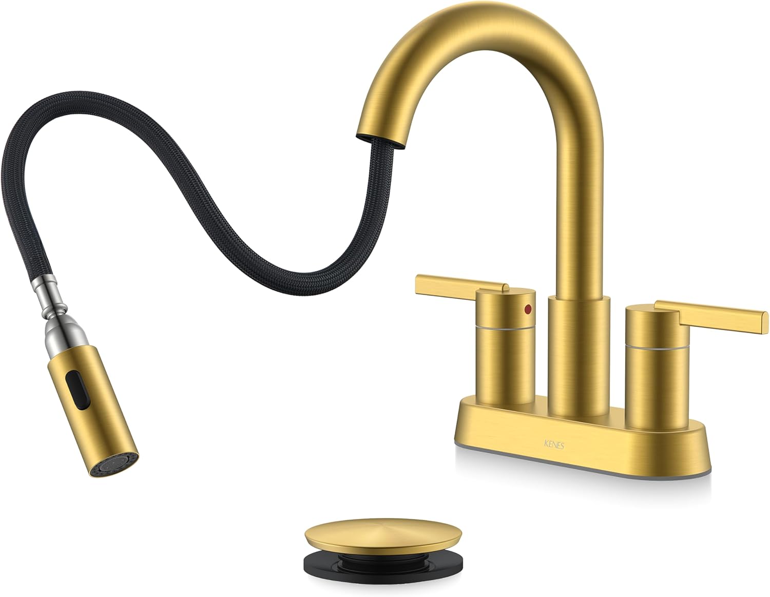 KENES Brushed Gold Centerset Bathroom Faucet with Pull Out Sprayer, 4 Inch 2 Handle Pull Down Bathroom Faucet 3 Hole, Bathroom Sink Faucet with Pop Up Drain & Supply Lines LJ-9069-4