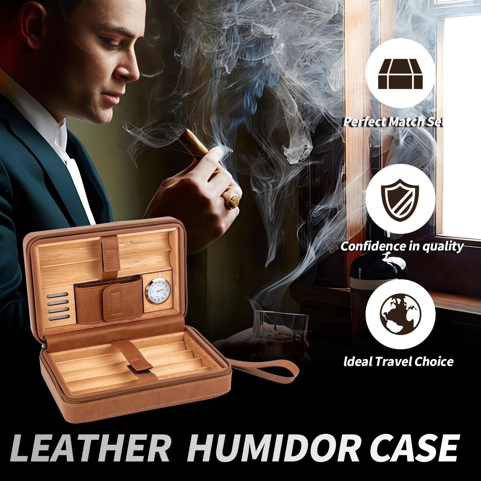 Goshentech Humidor, custodia in legno di cedro foderata in pelle, capacità 6 pezzi, igrometro e umidificatore integrato, kit portatile da viaggio (marrone)