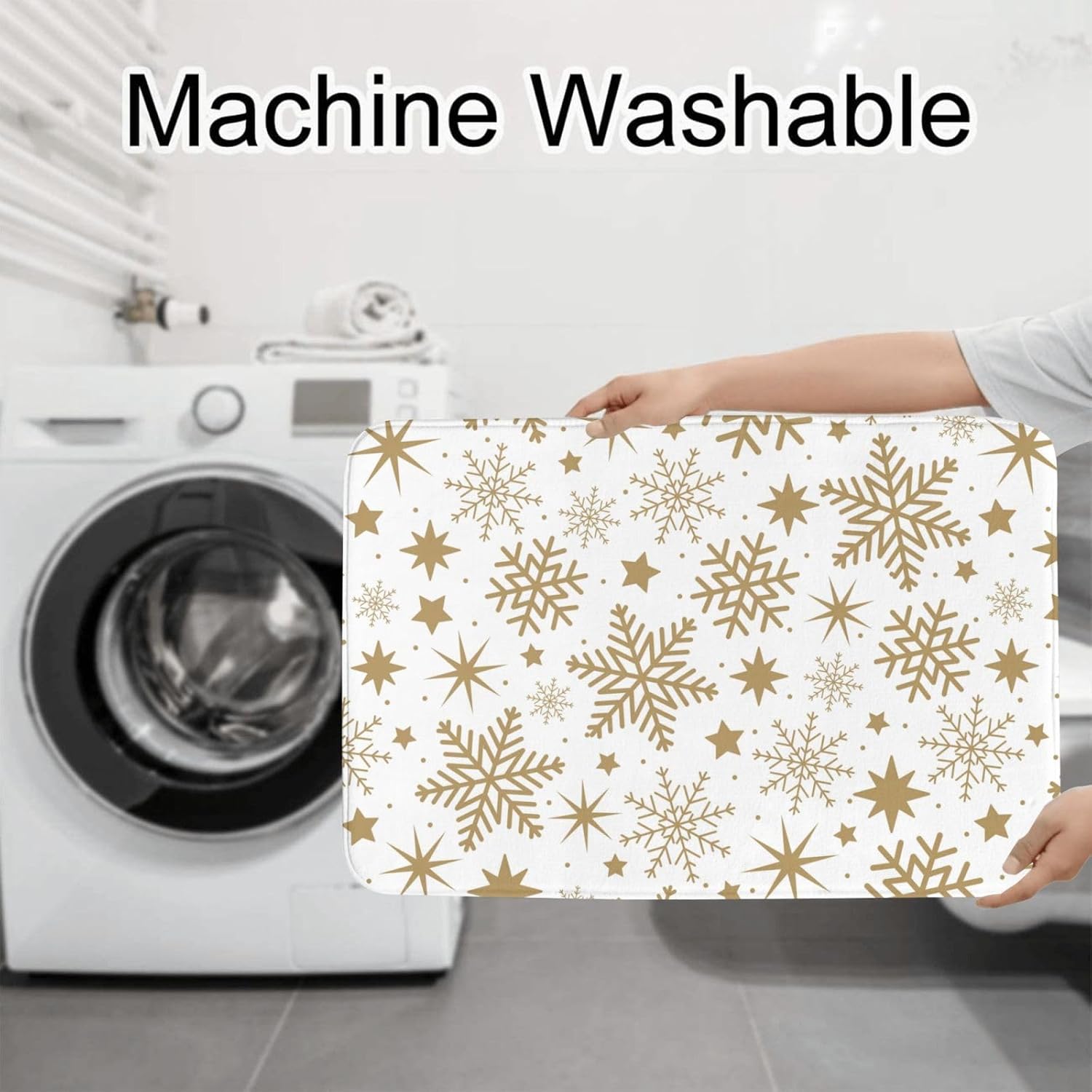 Golden Snowflakes 3 Piece Bathroom Rug Set Winter Christmas Bath Mat Non Slip White Shower Rugs Extra Soft and Water Absorbent Floor Mats Toilet Contour Mat Lid Cover