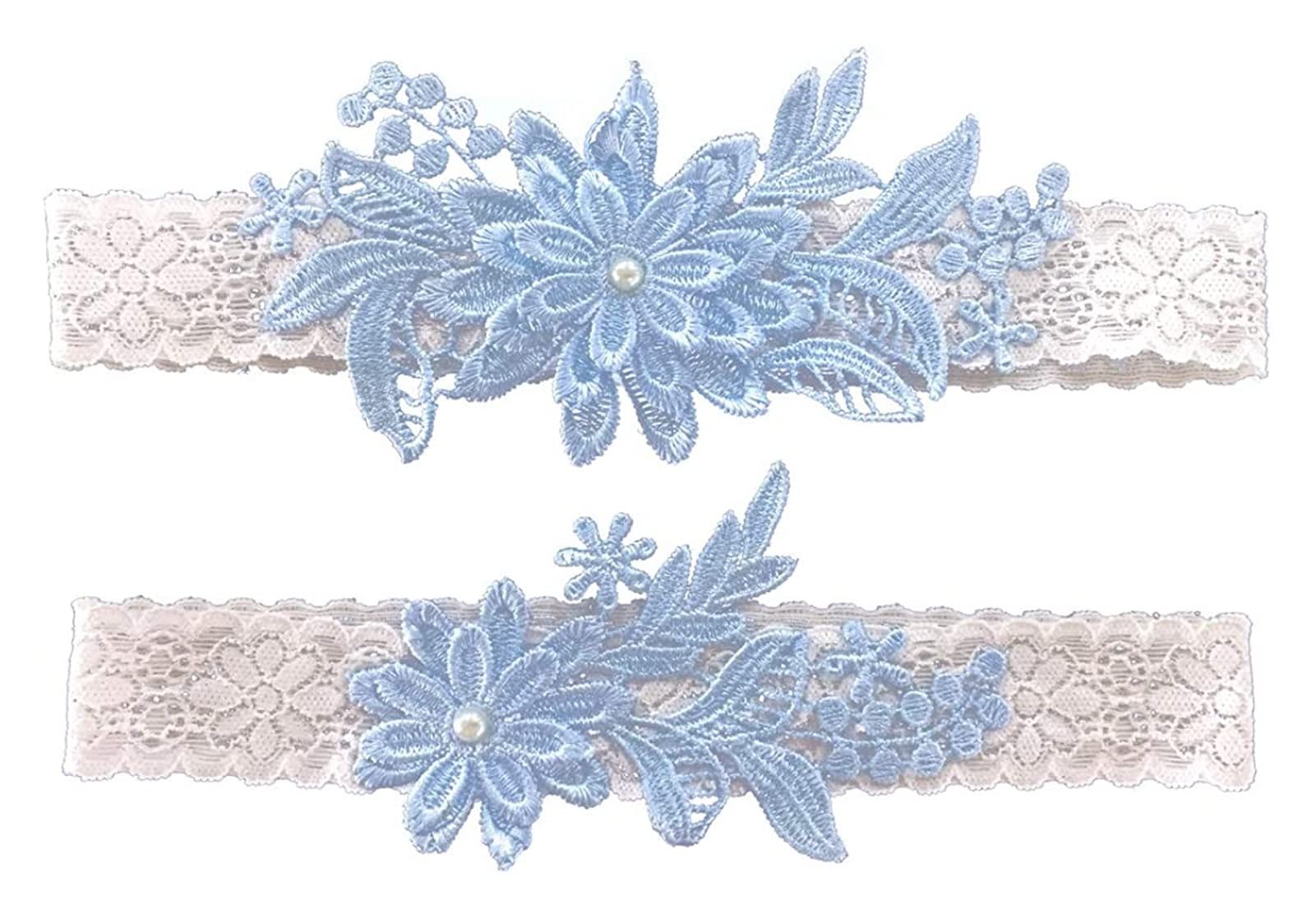 Strumpfbänder für die Hochzeit, Strumpfbänder für die Braut, Strumpfband-Set aus Spitze, floraler Beinring mit handgenähten Kunstperlen (Farbe: Milchweiß) (Himmelblau B) (Himmelblau B)