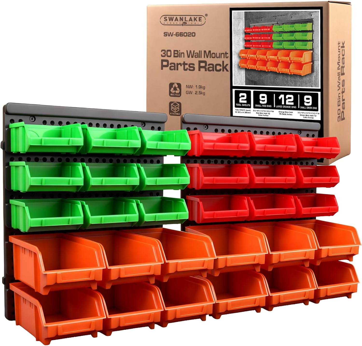 SWANLAKETOOLS 30-Bin Wall Mount Garage Storage Organizer - Heavy Duty Bins for Screws, Nuts, Bolts, Hardware - Easy Install & Customizable