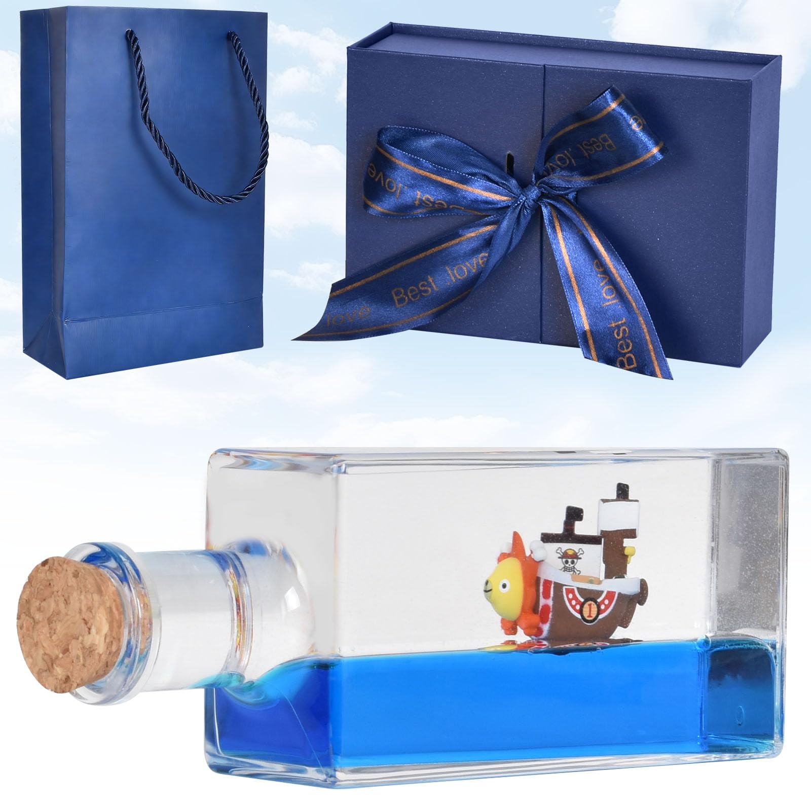 Colexy Blue Fluid Drift Model Ship With Light-Up Base -Thousand Sunny, Unsinkable Titanic Ship, Acrylic Cruise Boat Fluid Model, Fluids Drift Bottles Cruises Ships, For Home Table Decoration Car Display Cases (B)
