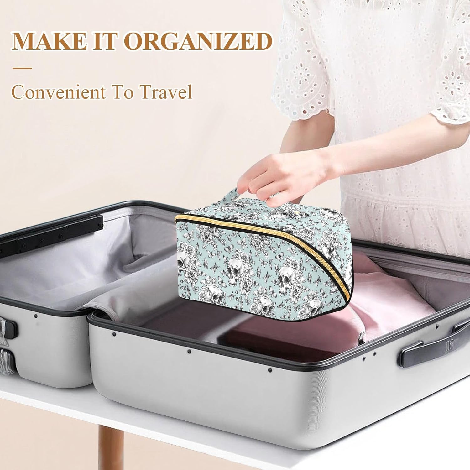 Makeup Organizer Bag, Vintage Goth Skull Travel Makeup Bags Makeup Vanity Case Large Capacity Rhombus Cosmetic Toiletry Bag for Girl Women Ladies - Image 4