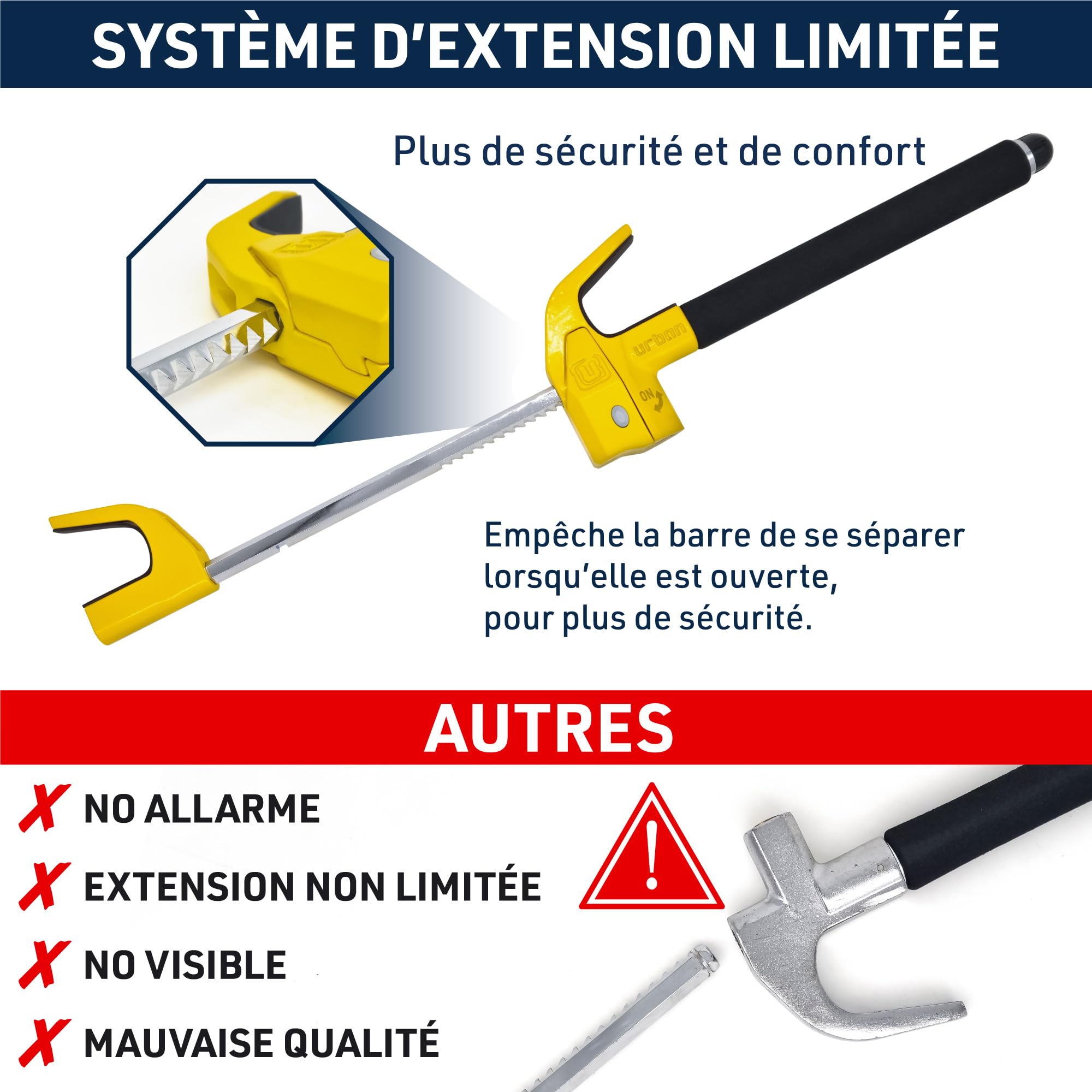 URBAN UR978Y Antivol Voiture Double Sécurité | Canne Antivol Voiture + Alarme Hi-Tech 120dB LED Warning | Sûr, Dissuassif, Résisté Tentative Vol | Bloque Volant Breveté, Barre Bloc Auto Universelle