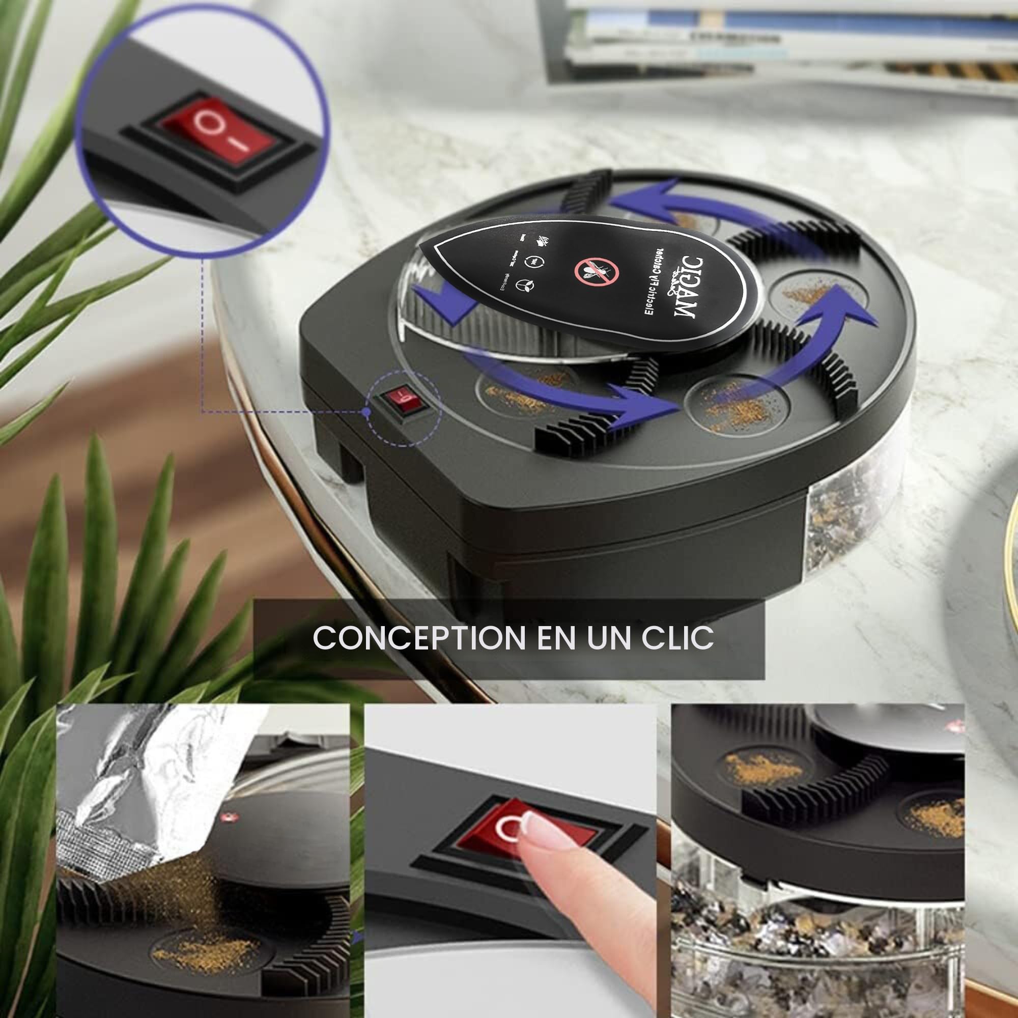 MAGIC SELECT Attrape Mouches Électrique Rotatif à 360°. Piège à Mouches avec Prise USB et Support Mural pour Maison, Cuisine, Restaurant, Hôtel, Bar.