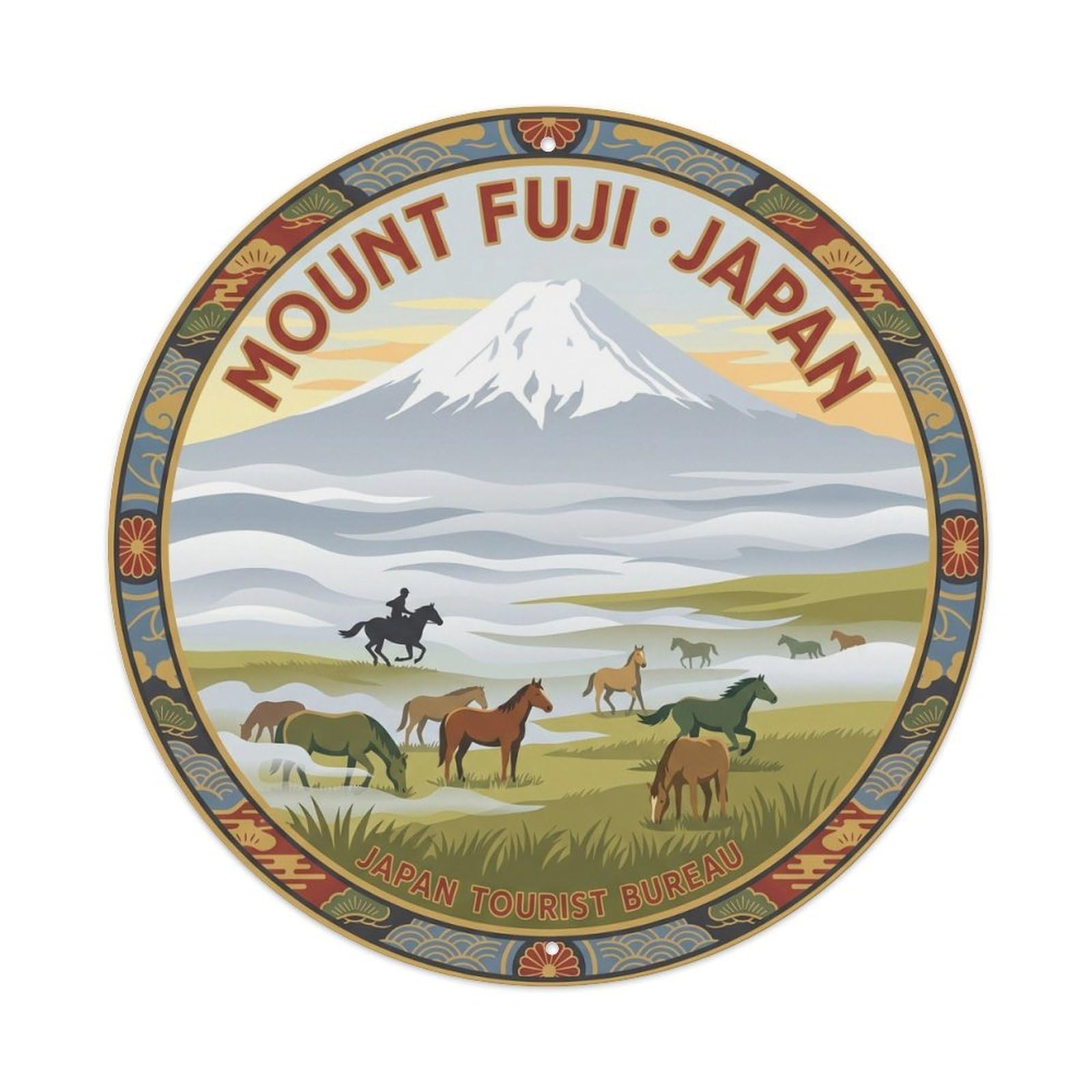 Mount Fuji Fog Highland Horse Japan Nature Sakura Metal Tin Sign