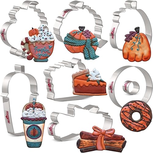 LILIAO Janka - Juego de cortadores de galletas de otoñootoño, 8 piezas, calabaza, calabaza con leche, rebanada de pastel, donas, calabaza alta y LILIAO Janka - Juego de cortadores de galletas de otoñootoño, 8 piezas, calabaza, calabaza con leche, rebanada de pastel, donas, calabaza alta y
