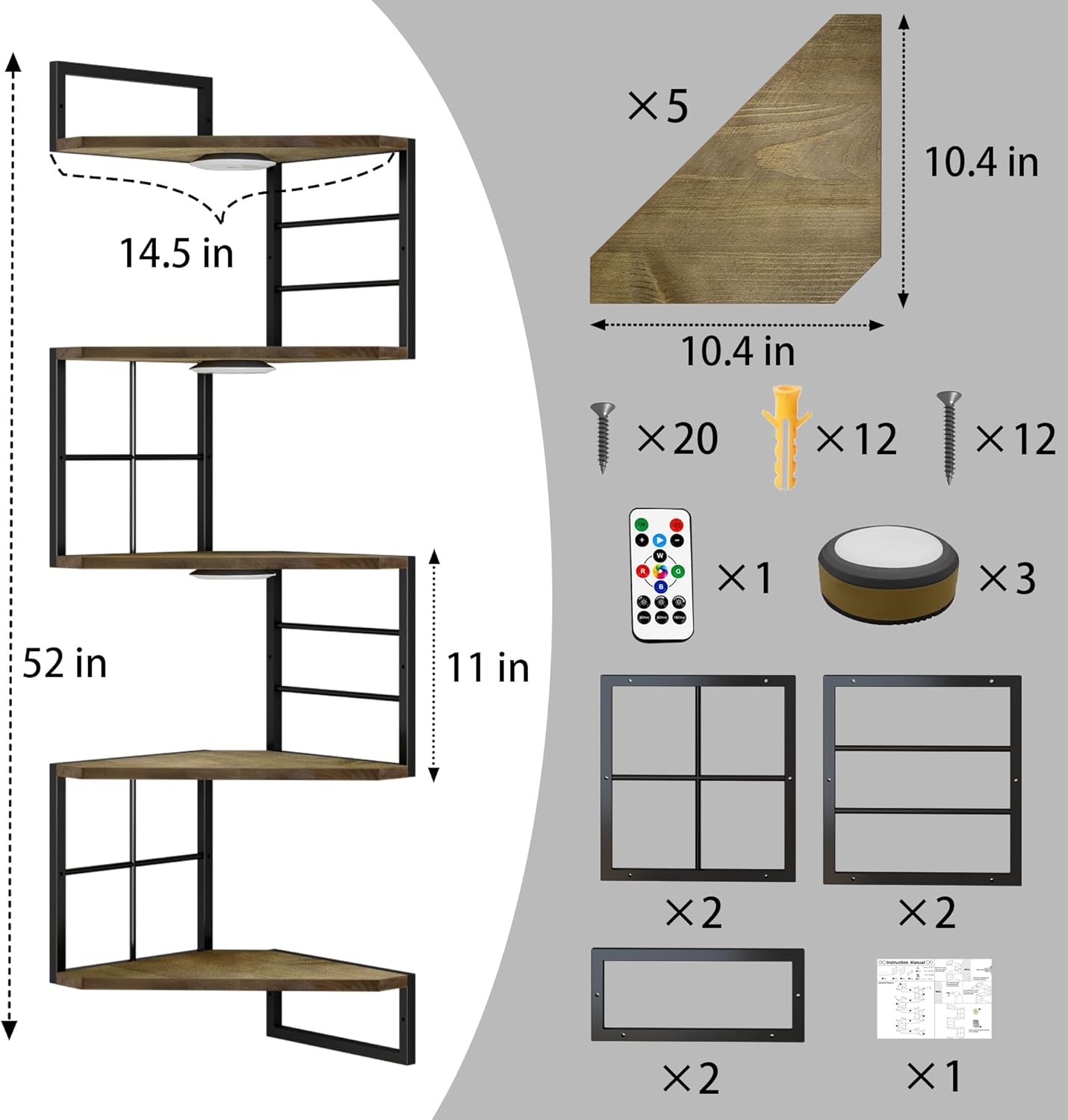 Corner Floating Shelves with Lights - 5 Tiers Corner Shelf Wall Mounted, Bookshelf with LED Light, Floating Shelves for Wall, Display Shelf for Bedroom, Living Room, Office & Home Decor-Brown