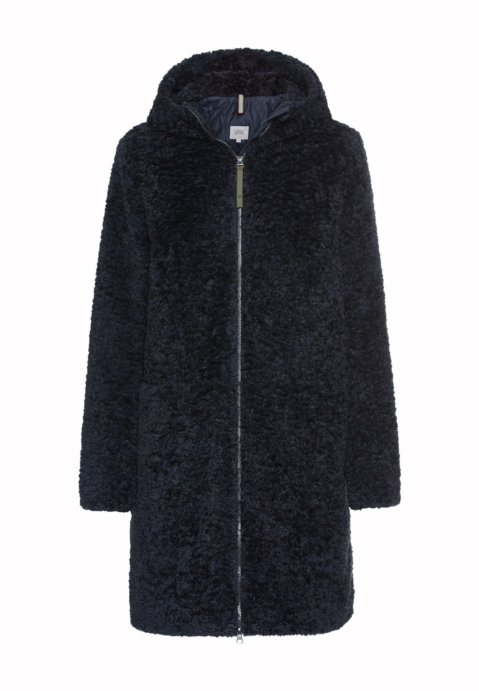 camel active Damen Teddyfell Mantel lang mit Frontzipper & Kapuze