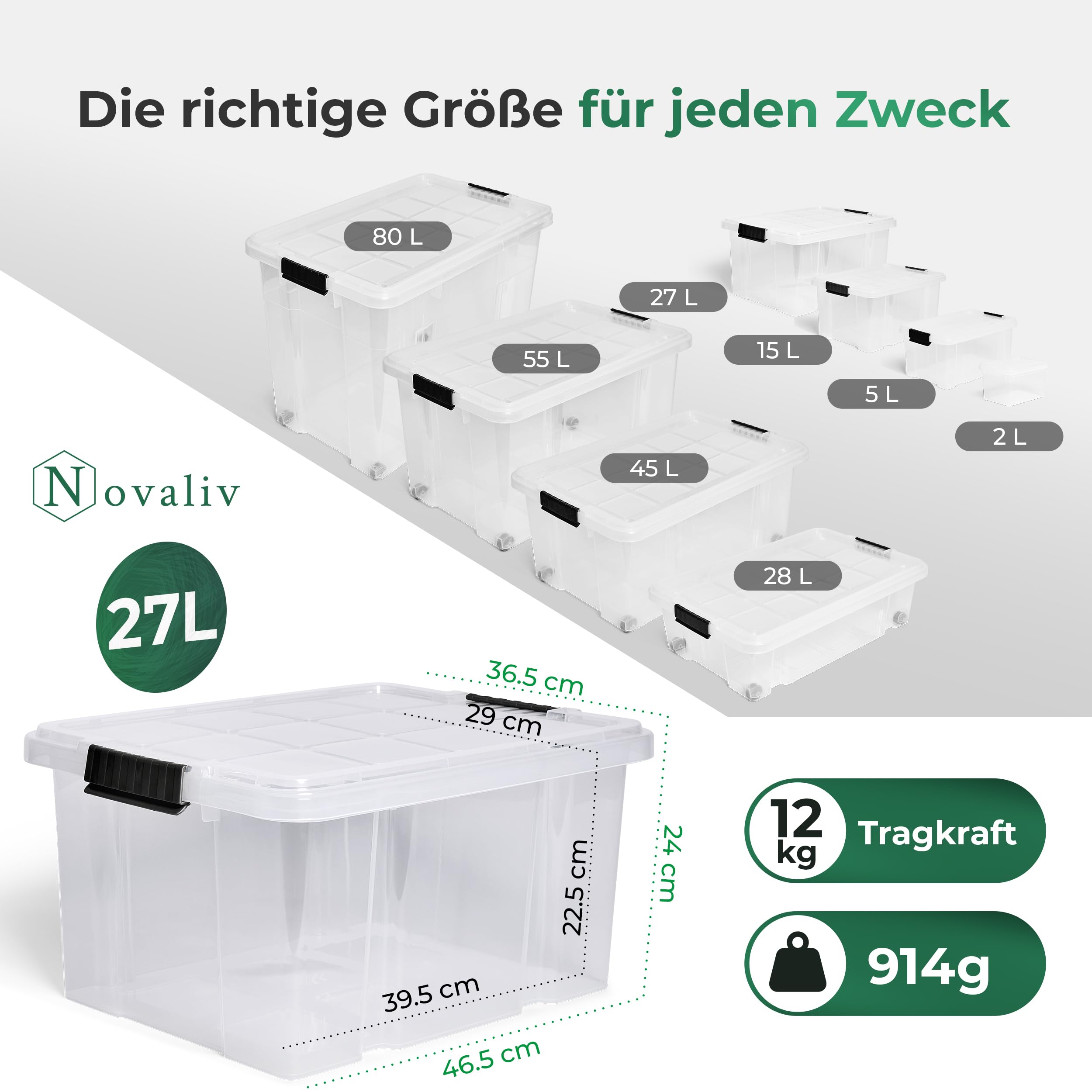 Novaliv 6x Aufbewahrungsboxen mit Deckel 27L transparente Nestbar stapelbare Storage boxes mit Clipverschluss Kunststoffbox BPA-frei 46,5x36,5x24 cm