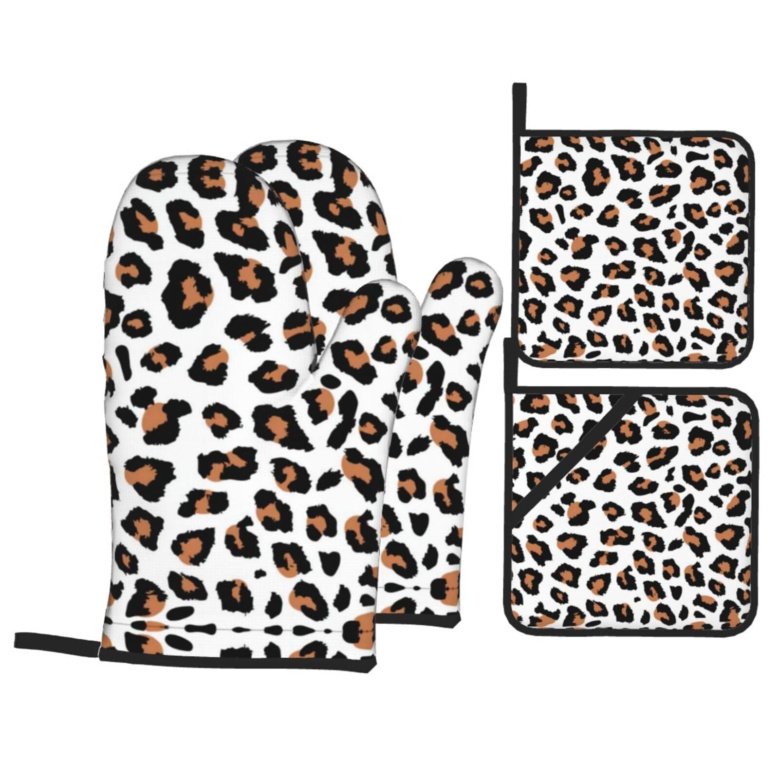 YYHHAOFA Leopard Prints Kitchen Baking Set with Heat Resistant Pot Holders & Oven Mitts - Waterproof Layer for Hot Dishes, Grill & Microwave