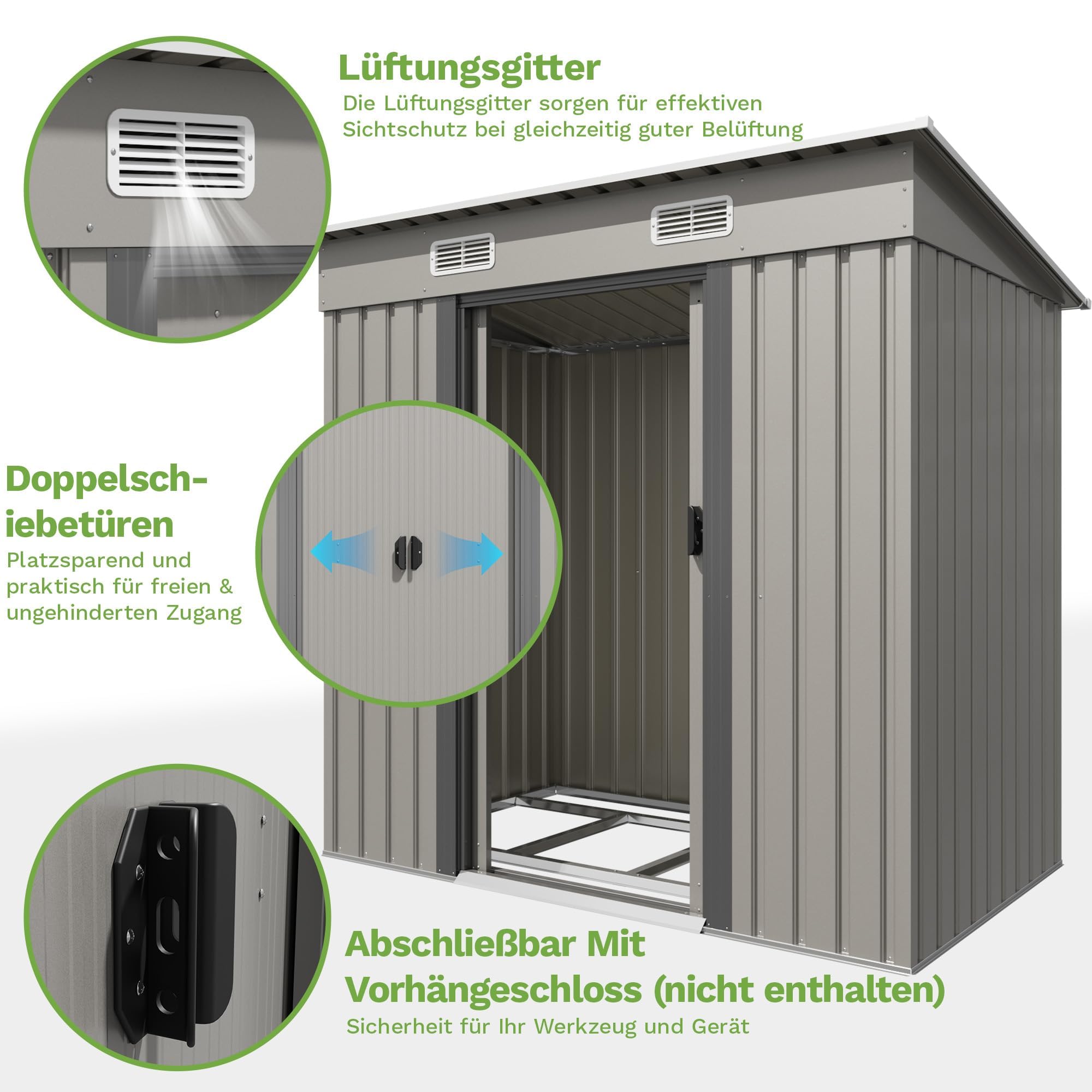 Devoko Metall Geräteschuppen 196x122x182cm mit Fundament, 4.0m³ Gerätehaus mit Pultdach und Schiebetür, Outdoor, Wetterfest, Gartenschuppen für Fahrrad,Terrasse, Rasen, Grau