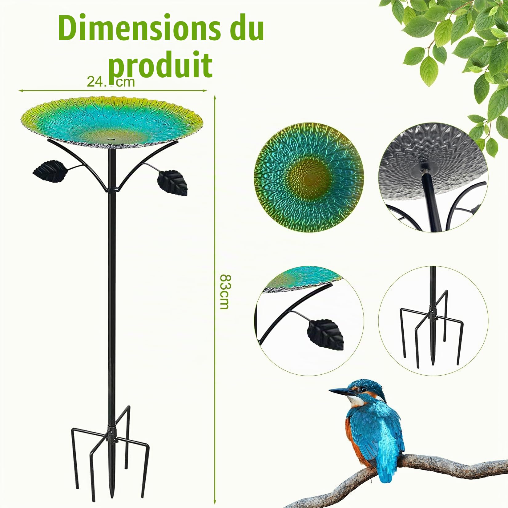 Bain d'oiseaux sur Pied, 24,5 x 83 cm, dégradé Jaune-Turquoise, avec Piquet de Fixation