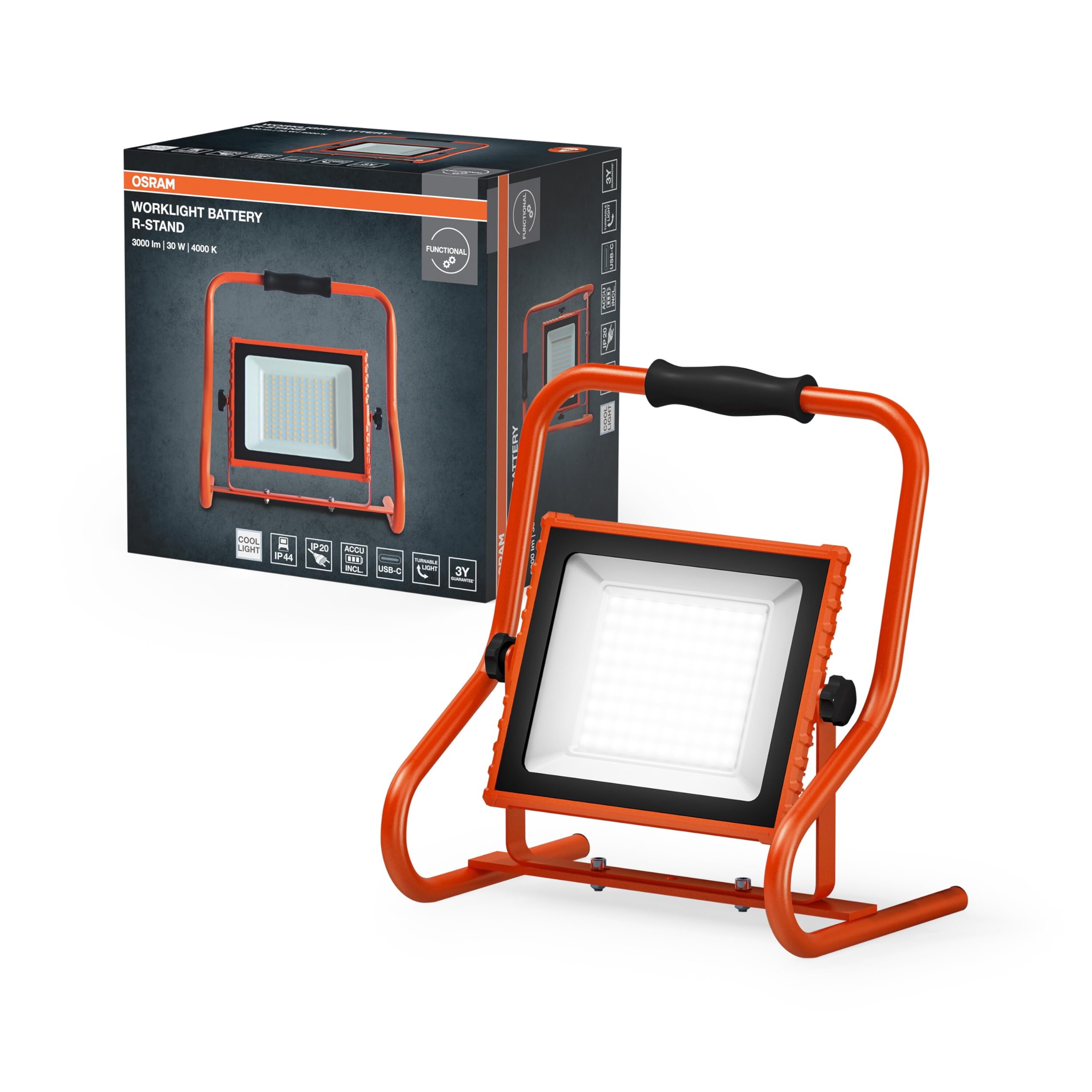 OSRAM Lampa robocza zasilana akumulatorem R-Stand 30W 4000K w kolorze pomarańczowym z obudową aluminiową, stopień ochrony IP44, do renowacji, piwnic i garaży