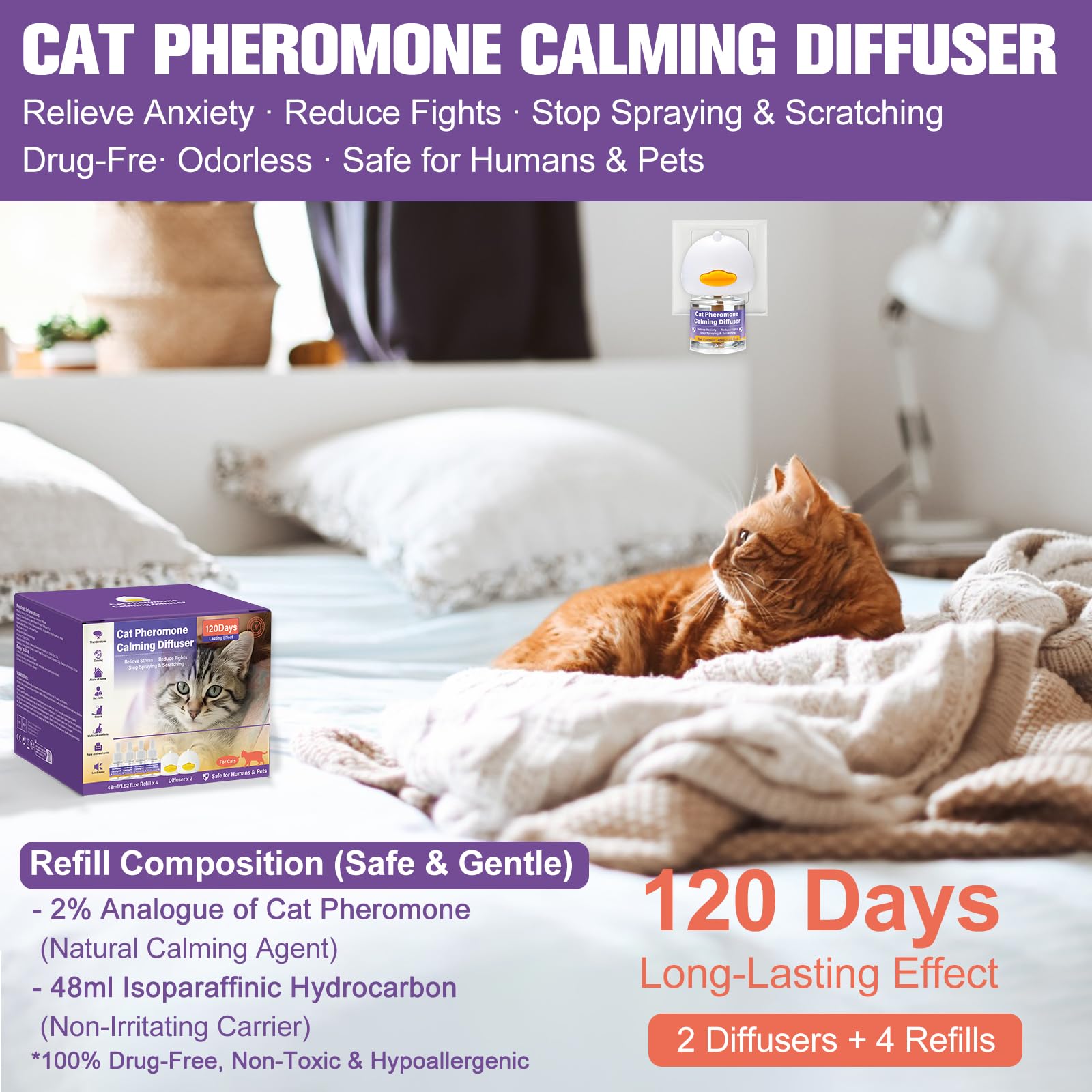 Cats & Kittens Pheromone Calming Diffuser for Cats, 48ml Refill 4 Pack + 2 Diffusers, 120 Days Long-Lasting, Relieve Anxiety, Reduce Fighting, Stop Spraying & Scratching, Safe for Pets & Humans - image 3