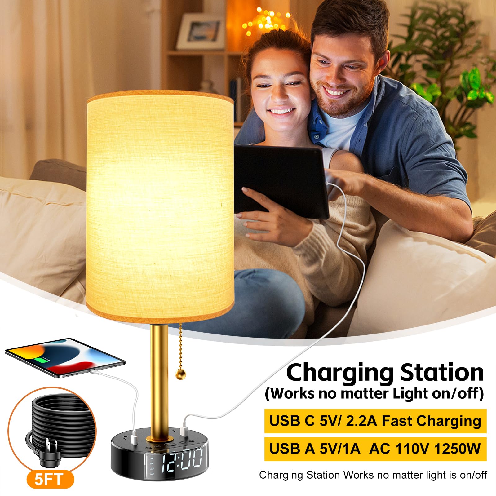 Lampada da comodino per camera da letto, lampada da tavolo con porte USB A e USB C di ricarica rapida e 2 prese di alimentazione CA, base sveglia, paralume rotondo in tessuto nero, lampada da comodino