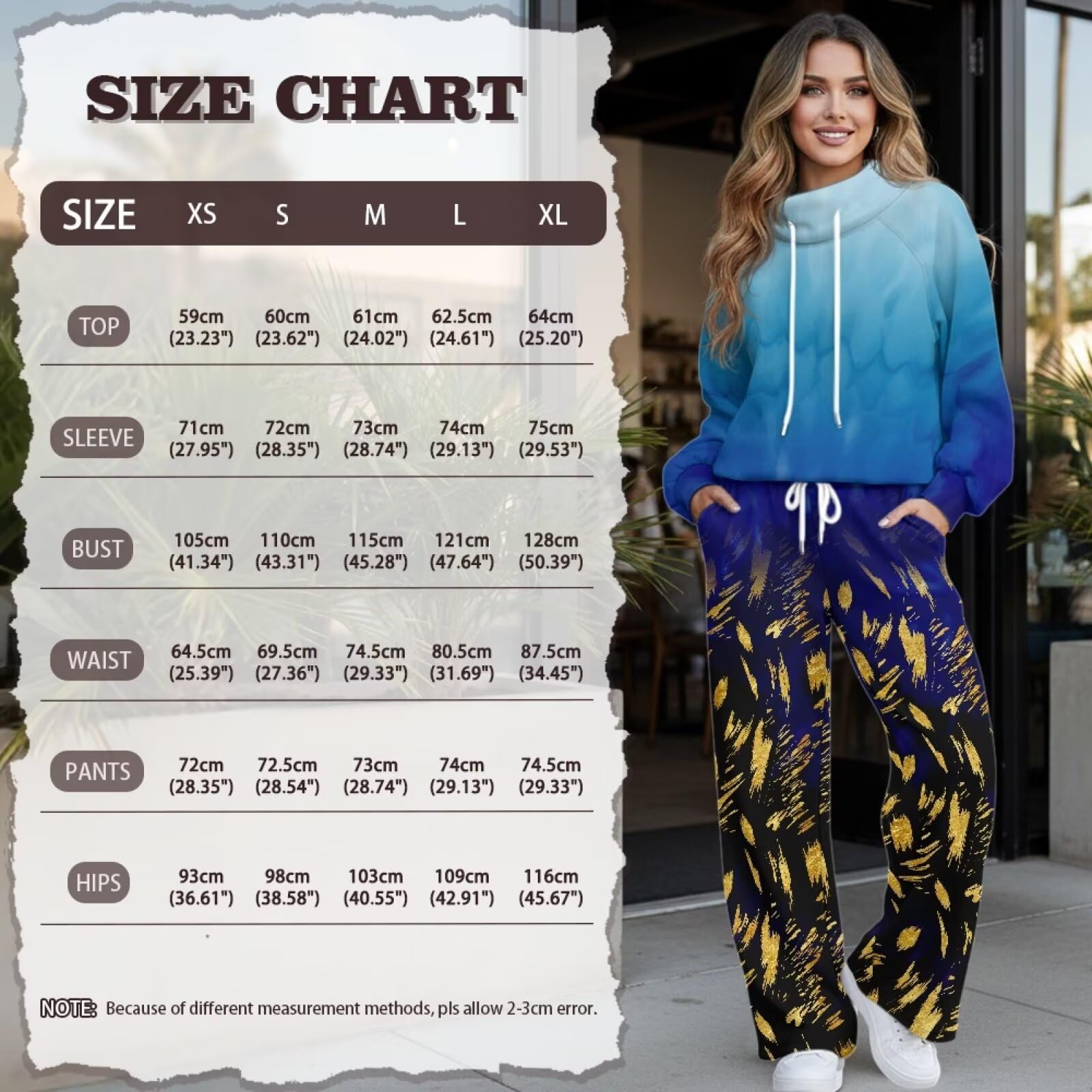 Xoenoiee Conjunto de 2 piezas con estampado de teñido anudado azul para mujer, conjunto de chándal de moda para otoño, sudadera de manga larga y pantalones deportivos de pierna ancha a juego, talla XS