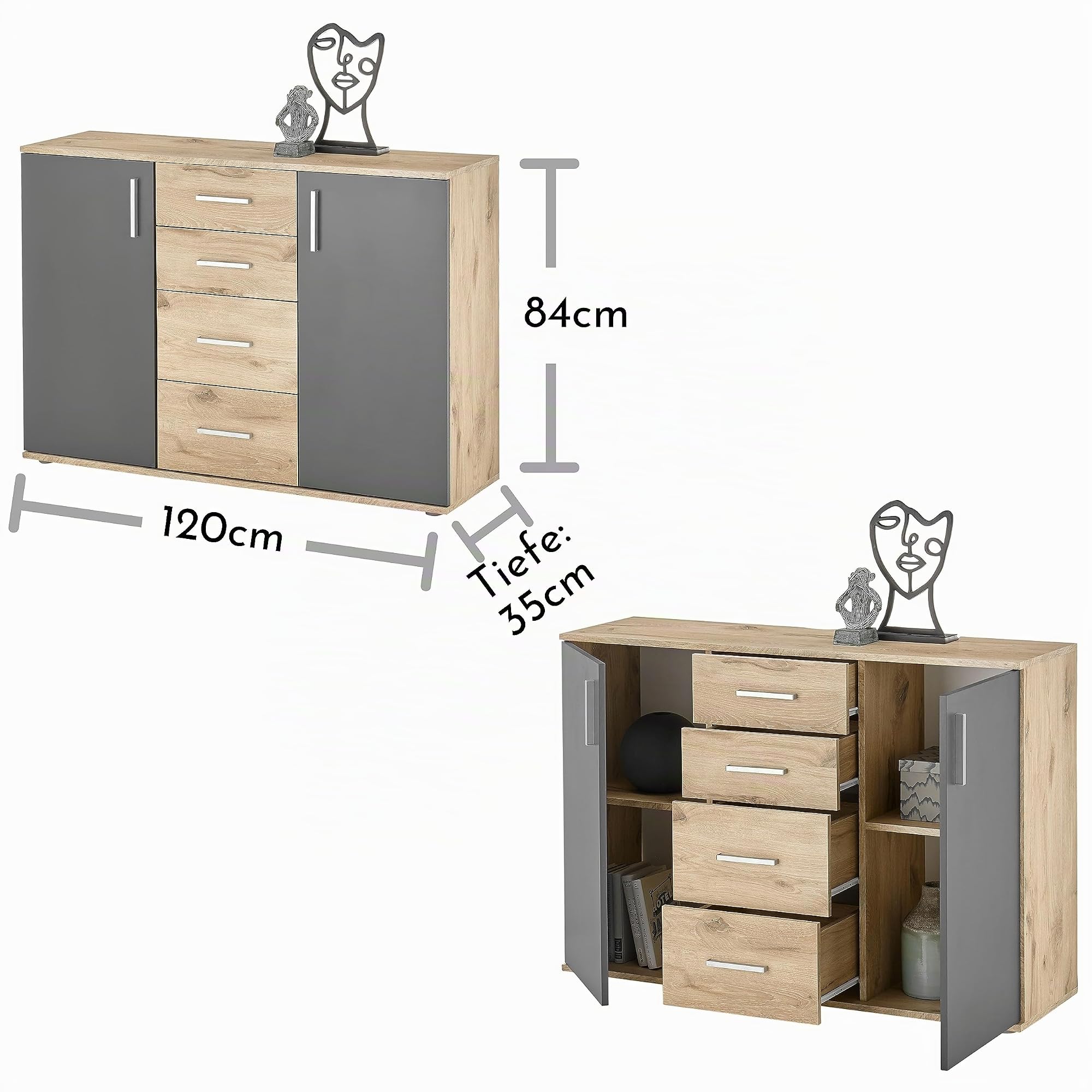 BC 1040 Sideboard Kommode mit Schubladen Stauraum in Grau Viking Oak Optik