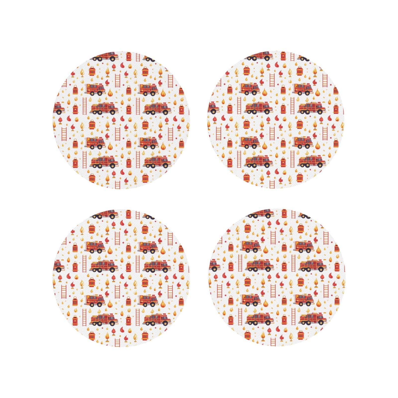 Smazdfxx Women's As Pic Leather Coasters Set Of 4 - Fire Truck Ladder Print Lightweight Drink Coasters For Desk