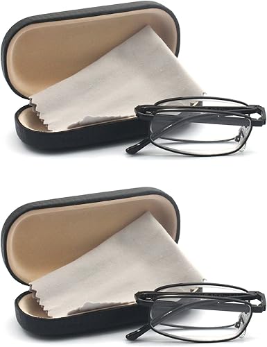 Gafas de lectura plegables de metal rectangulares compactas con estuche de cuero para hombres y mujeres