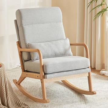 Karl home Nursery Rocking Chair Removable Glider Rocker High Backrest Rocking Armchair Mid-Century Accent Chair with Lumber Pillow for Bedroom, Living Room, Nursery, Light Gray