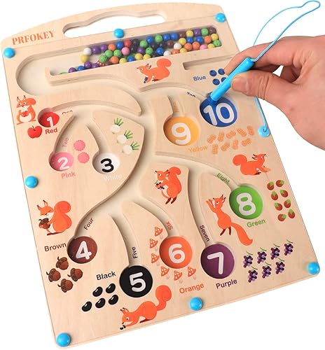 PRFOKEY Laberinto magnético de color y números, tablero de rompecabezas de madera sensorial de madera a juego de color a juego de aprendizaje de