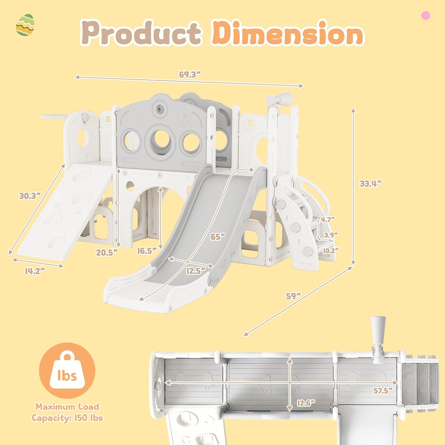 9-in-1 Toddler Slide Playset, Indoor Playground for Kids 1-3 and Outdoor playset for Toddlers with Featuring Climbing Board, Basketball Hoop, Telescope, Storage Space and Non-Slip Steps, Grey& White
