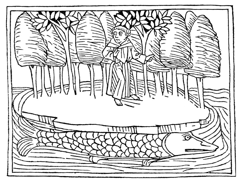 St Brendan (484-577) Nirish Monk And Traveler Saint Brendan On The Fish Island Woodcut German C1476 Poster Print by (18 x 24)