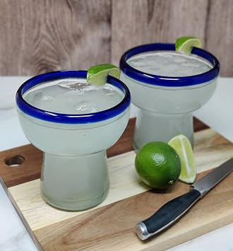 Dos Suenos Mexican Hand Blown Glass Set of 4 Hand Blown Stemless Blue Rim Margarita Glasses (14oz)