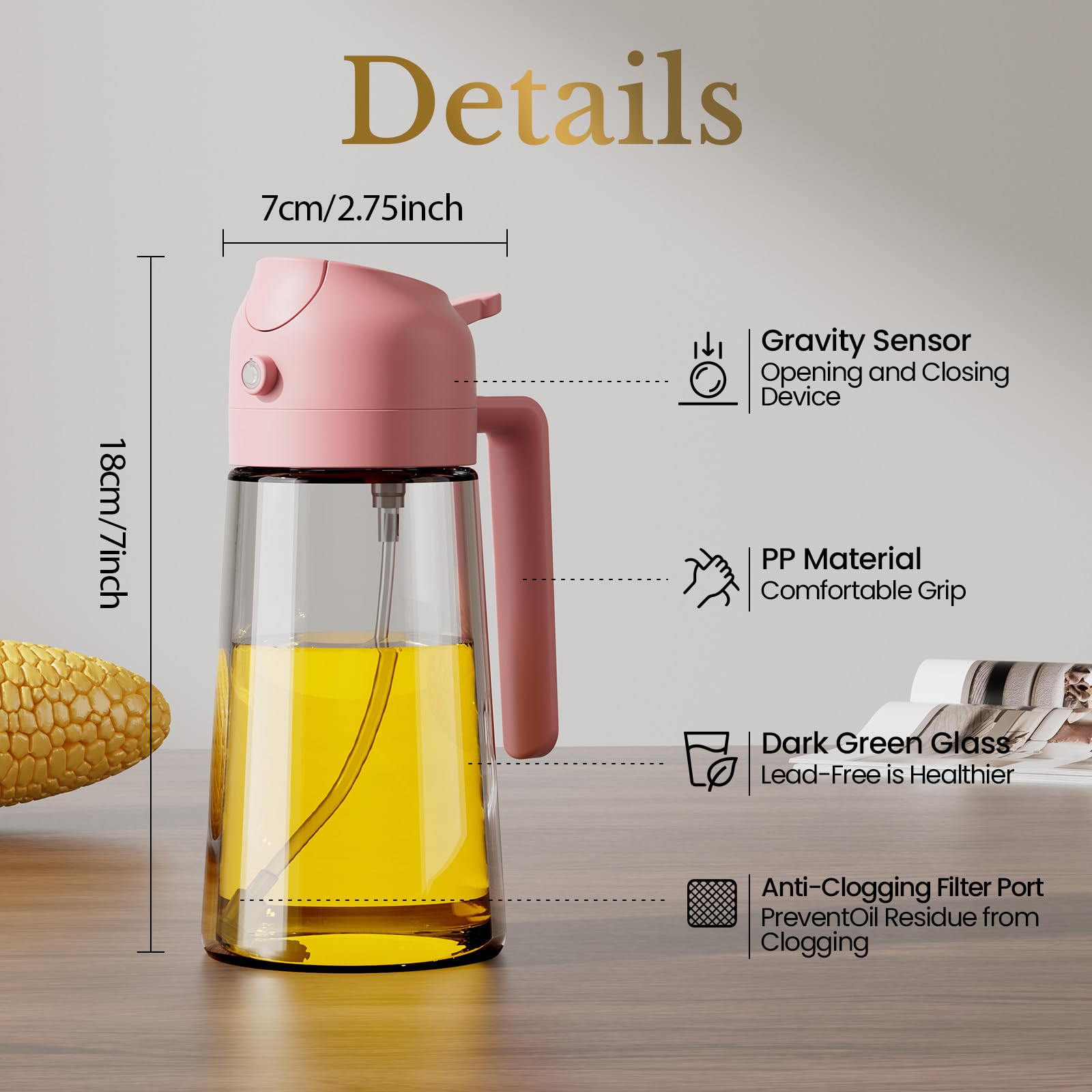 YARRAMATE 4er-Pack 16 oz Glas-Olivenölzerstäuber für Kochen, 2-in-1 Ölzerstäuber & Spenderflaschen-Set mit rosa Geschenkbox, Ölzerstäuberflasche für Heißluftfritteuse, Salat, BBQ – Küchenhelfer.