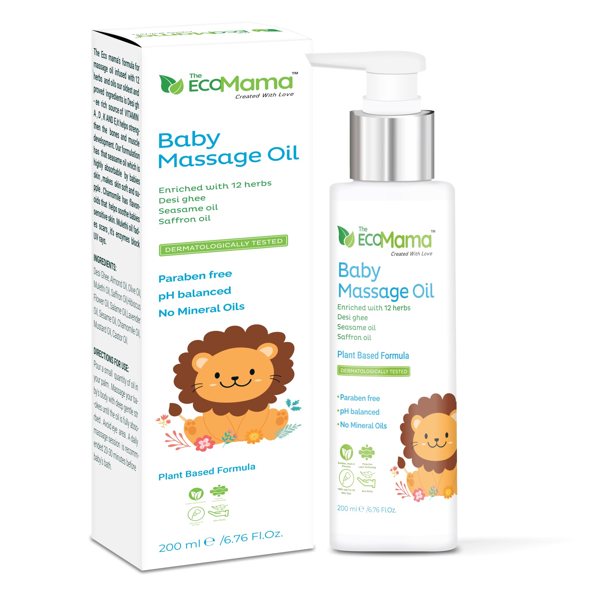 The Eco Mama Baby Massage Oil Infused with 12 Herbs, Desi Ghee, Mulethi Oil & Chamomile (200 ML)| Helps Strengthen Bones and Muscle Development, Softens Baby Skin, Blocks Dryness, Itching & Irritation, Calms & Comforts Baby | Suitable for all skin type